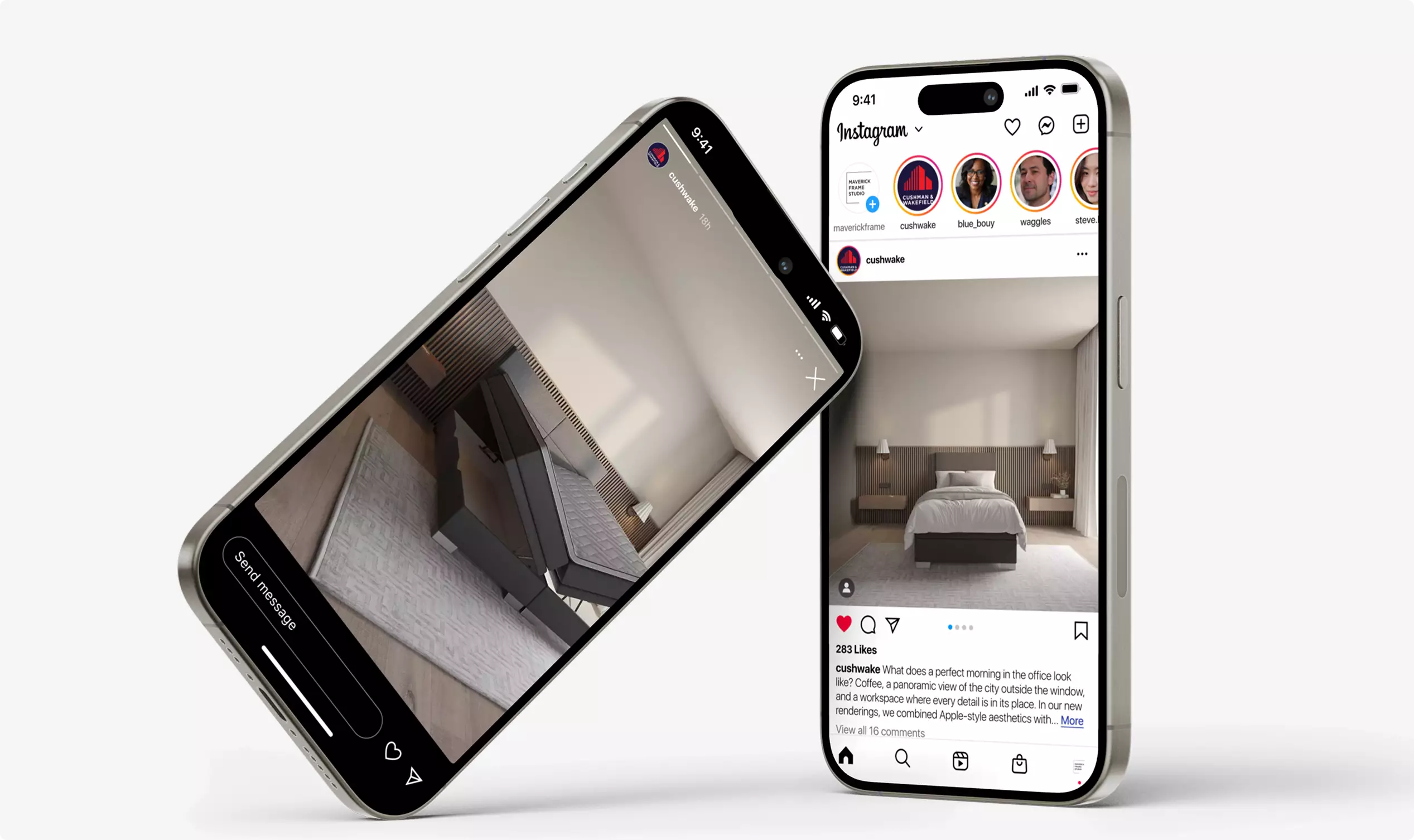 3D office tour shown on two smartphones displaying interior social media posts" title="3d-office-tour-smartphones-social-posts"