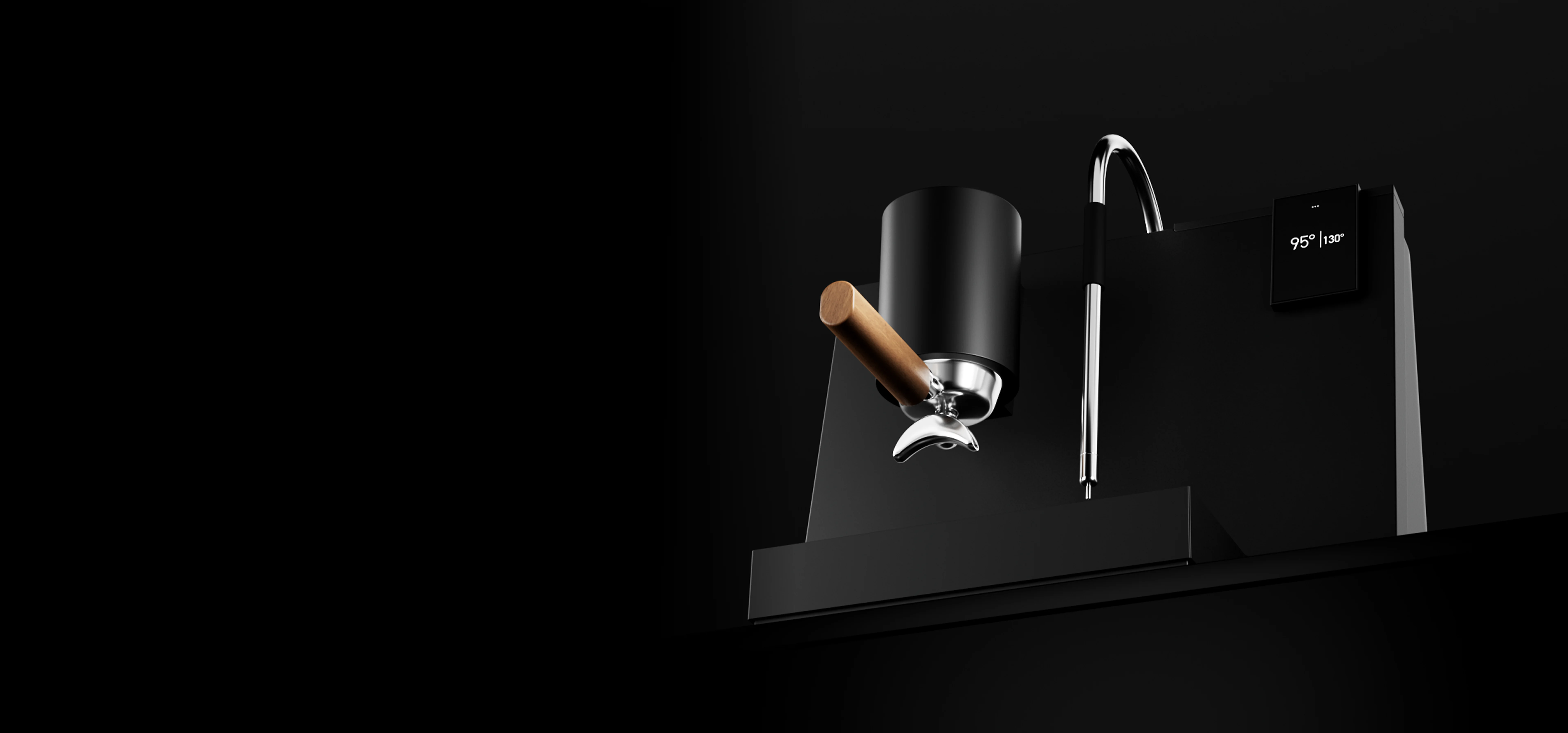 3D Product Animation black espresso machine with chrome spout and wooden handle on dark backdrop