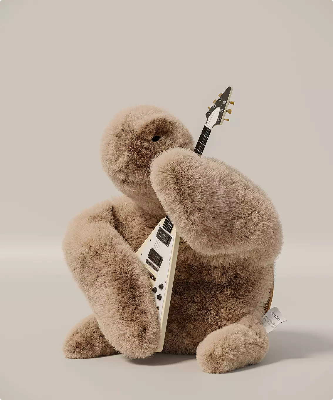 3D product render of fluffy brown turtle plush holding electric guitar with soft fur texture