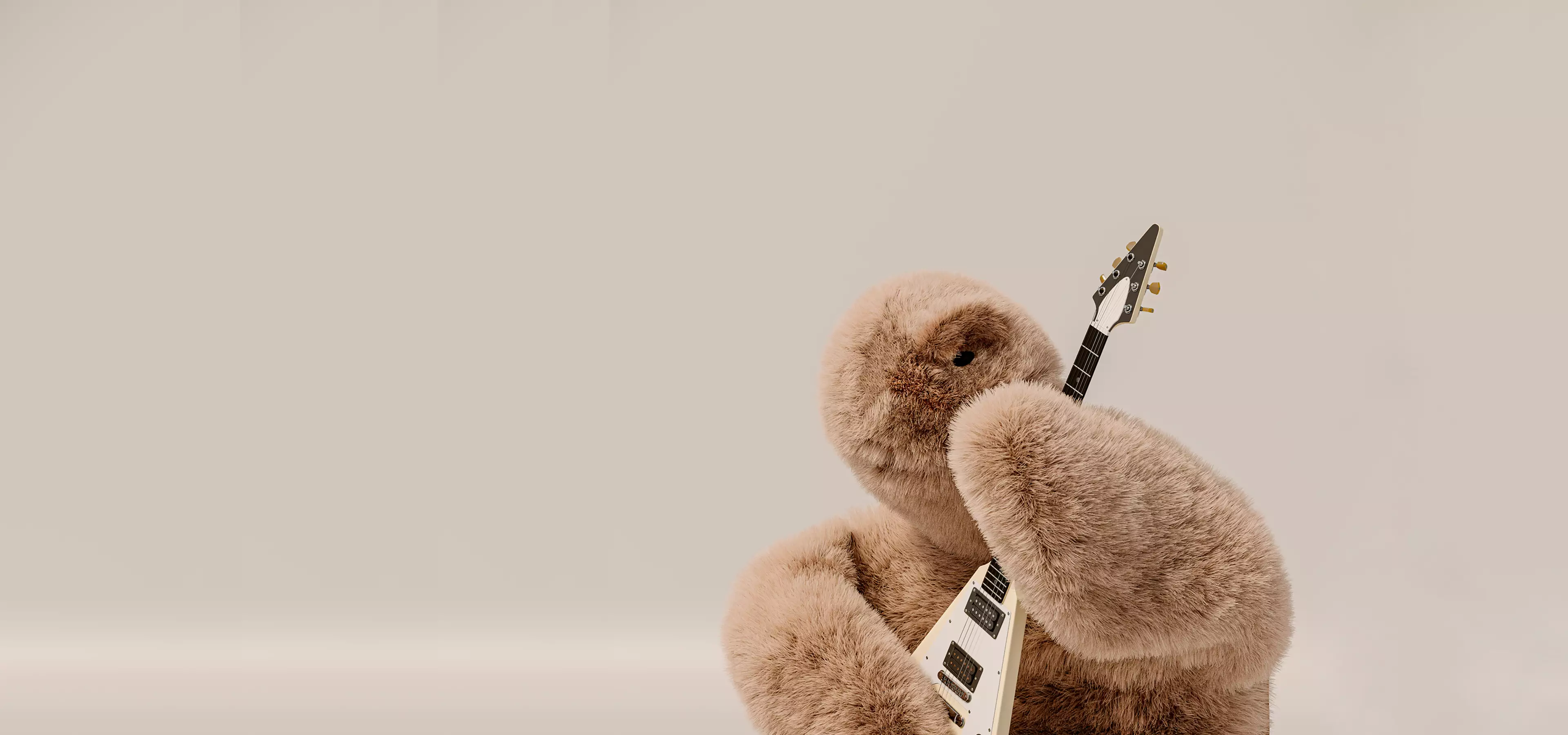 3D product render of fluffy brown turtle plush holding electric guitar with soft fur texture and brown shell