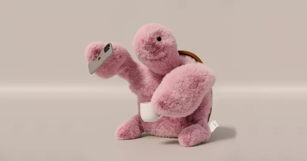 3D product render of fluffy pink turtle plush holding smartphone and cup with soft fur texture and brown shell