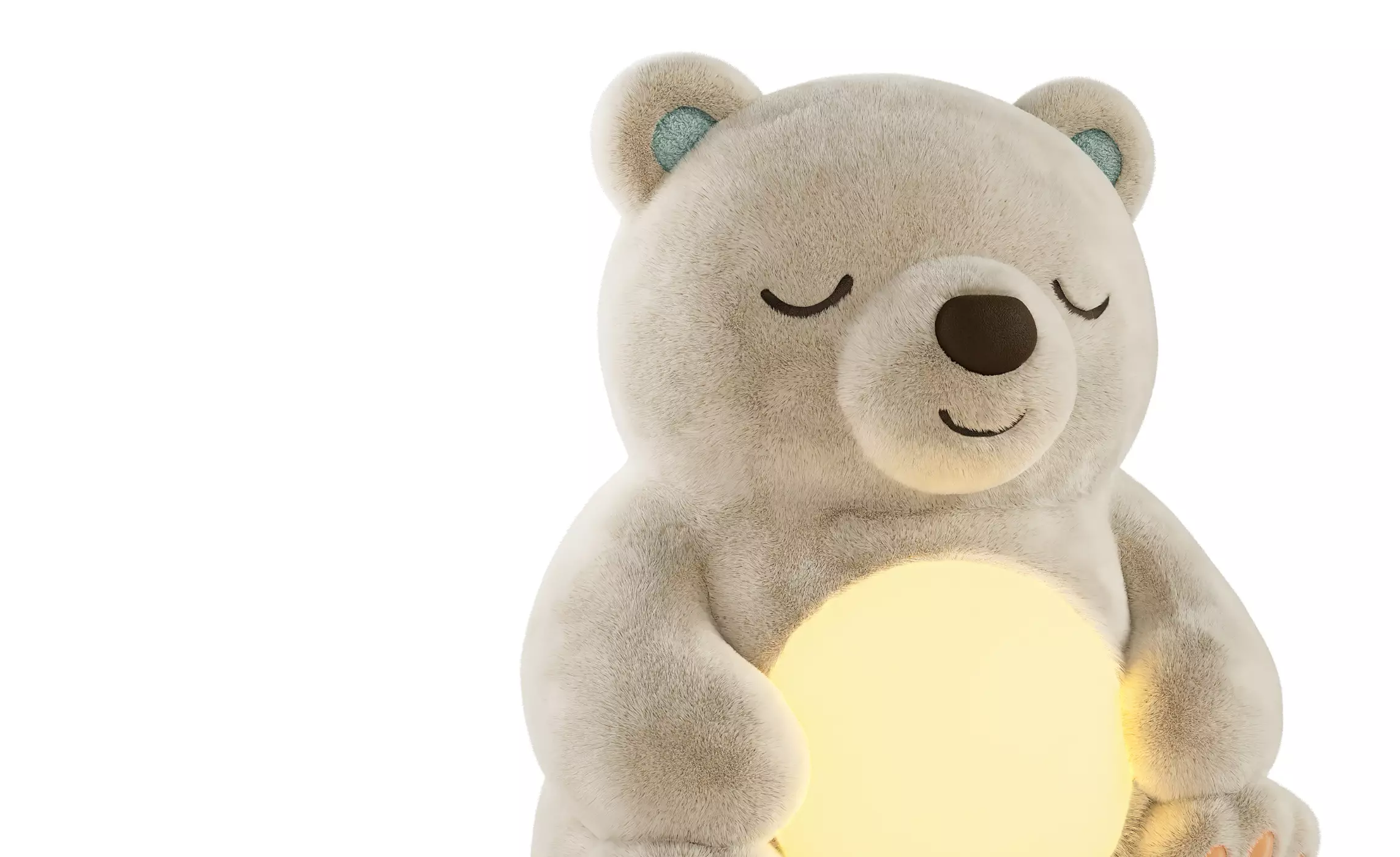 3D product render of plush bear night light holding glowing round lamp with closed eyes and soft beige fur