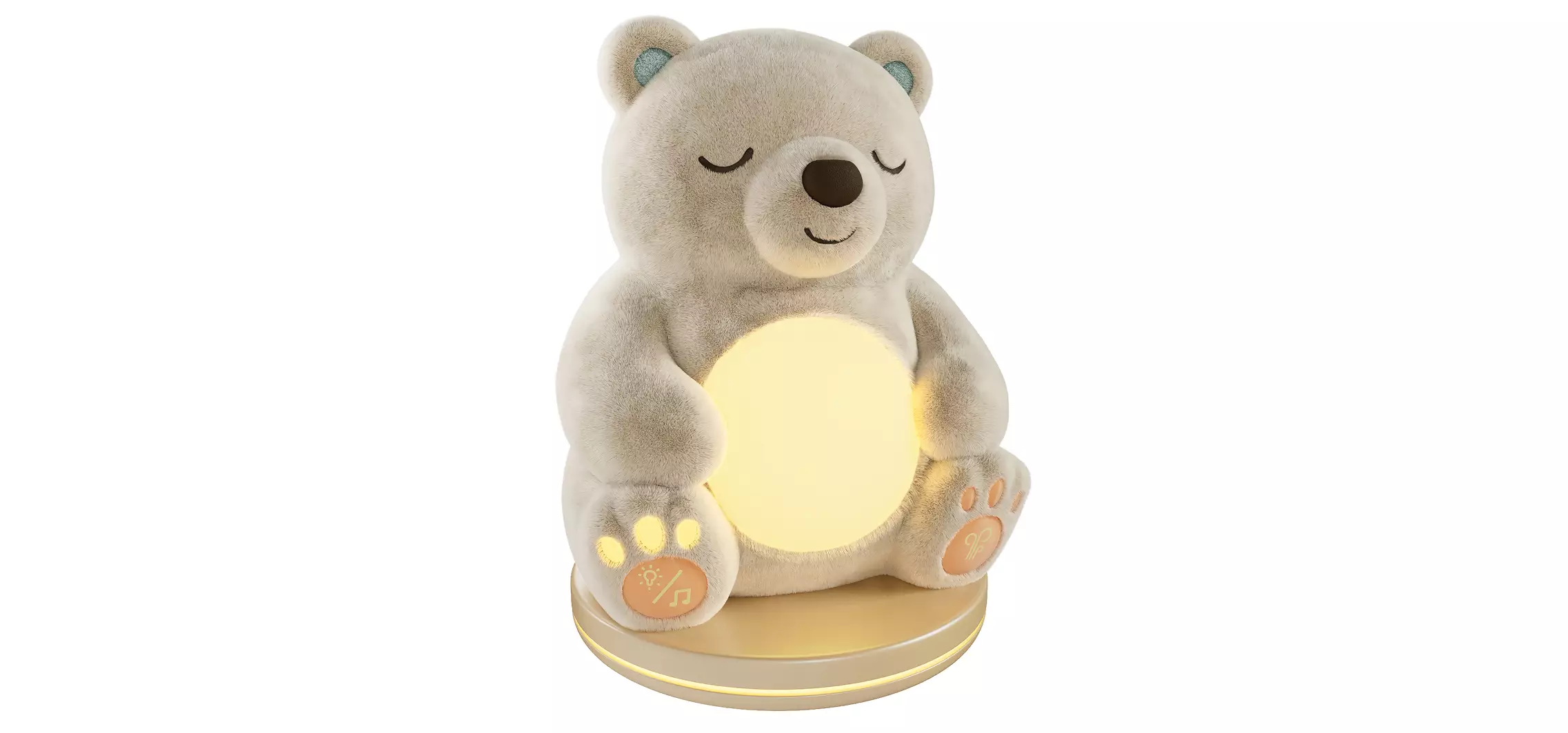 3D product render of plush bear night light sitting on base holding glowing round lamp with control buttons on feet