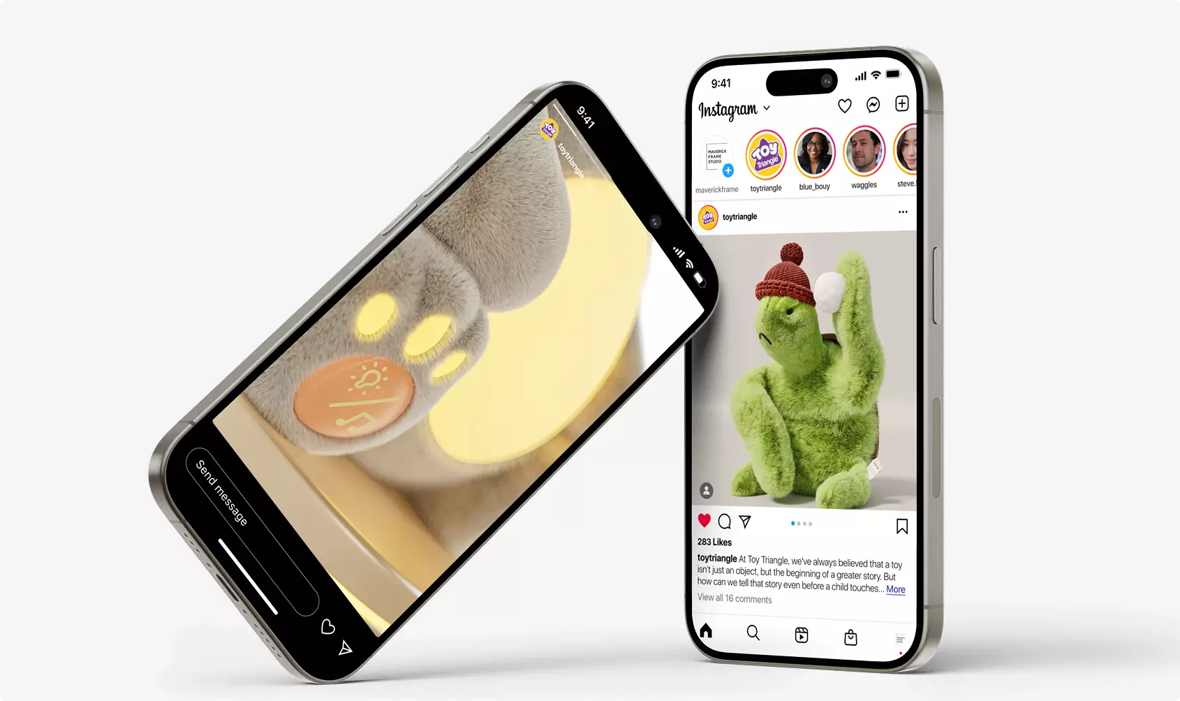 3D product render of smartphone mockups showing plush bear night light post on social media screen