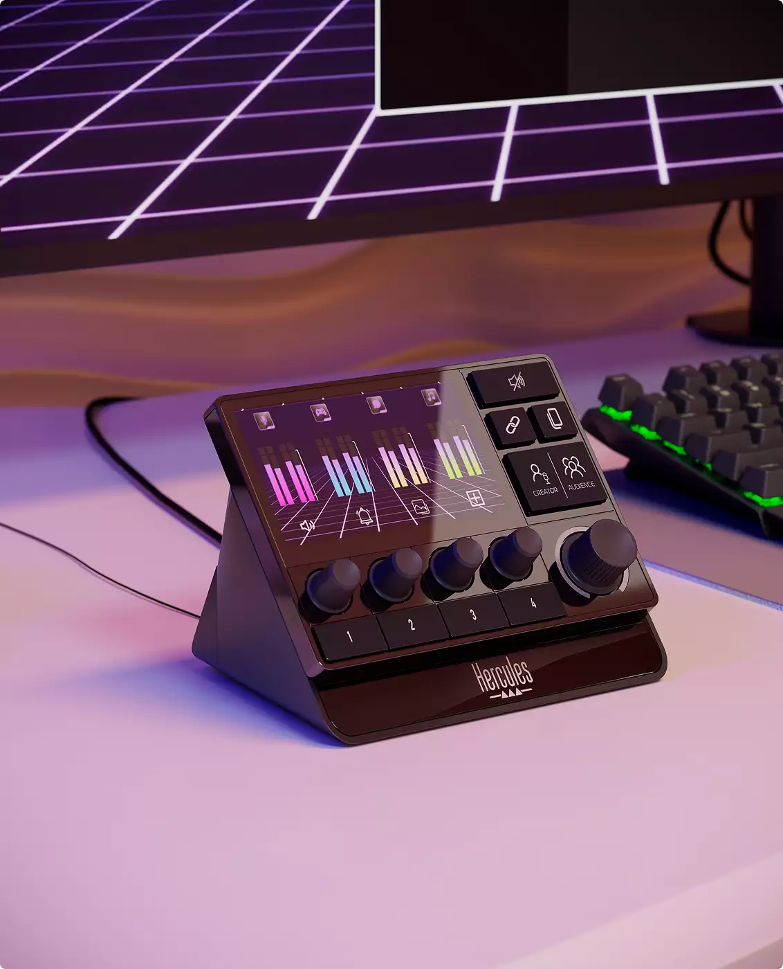 3D product rendering of an audio control pad on a desk beside a keyboard and monitor