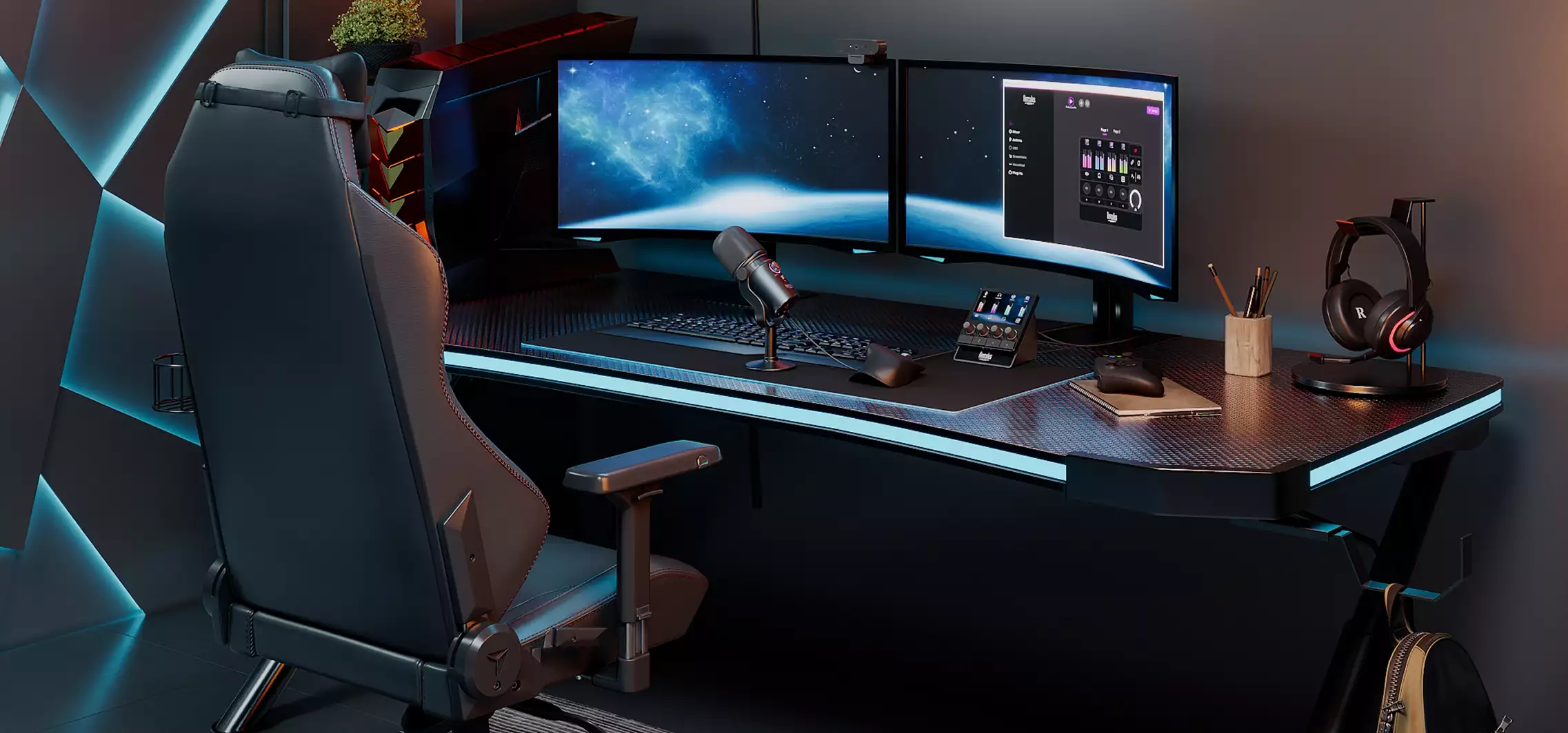 3D product rendering of a black gaming desk with dual monitors, mic, headset, and racing chair