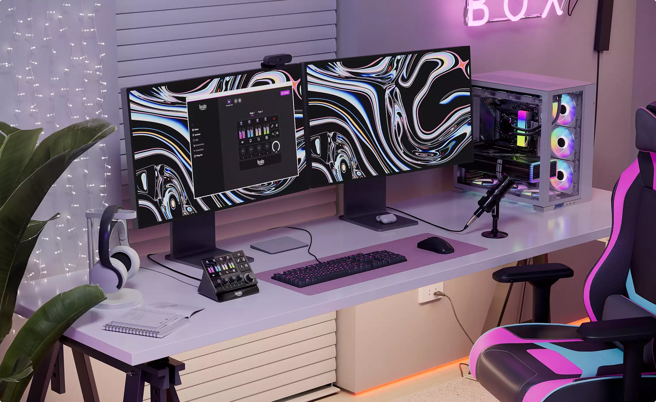 3D product rendering of a dual monitor gaming desk with RGB PC, mic, headphones, and neon chair