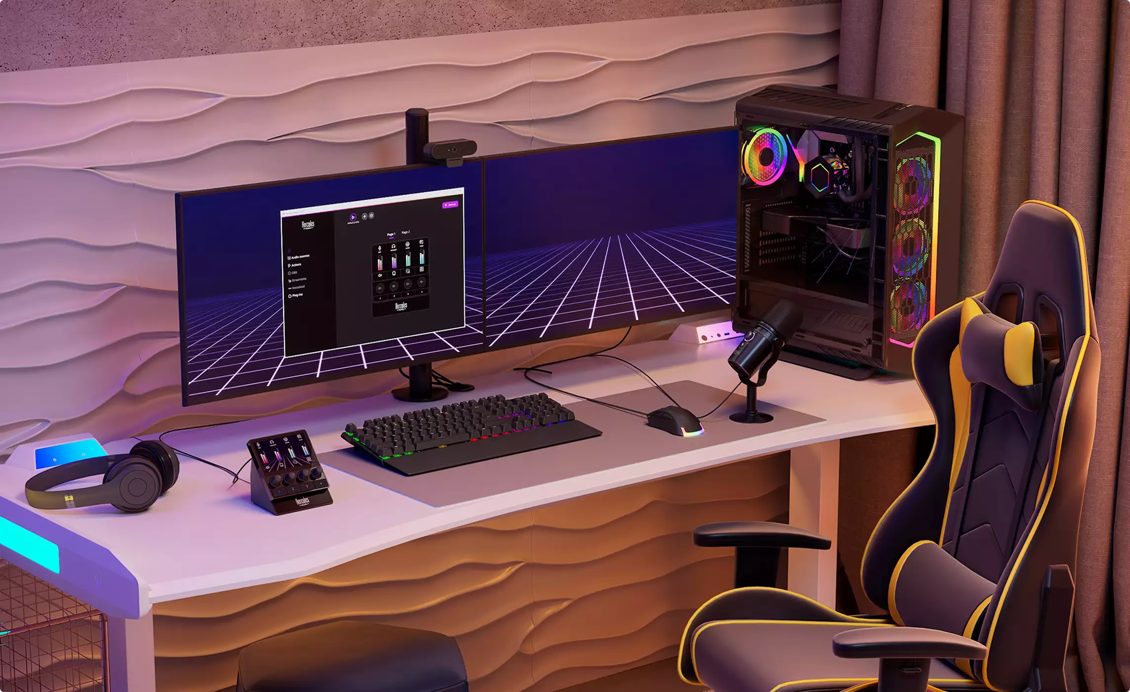 3D product rendering of a gaming desk setup with dual monitors, RGB PC tower, keyboard, mic, and racing chair