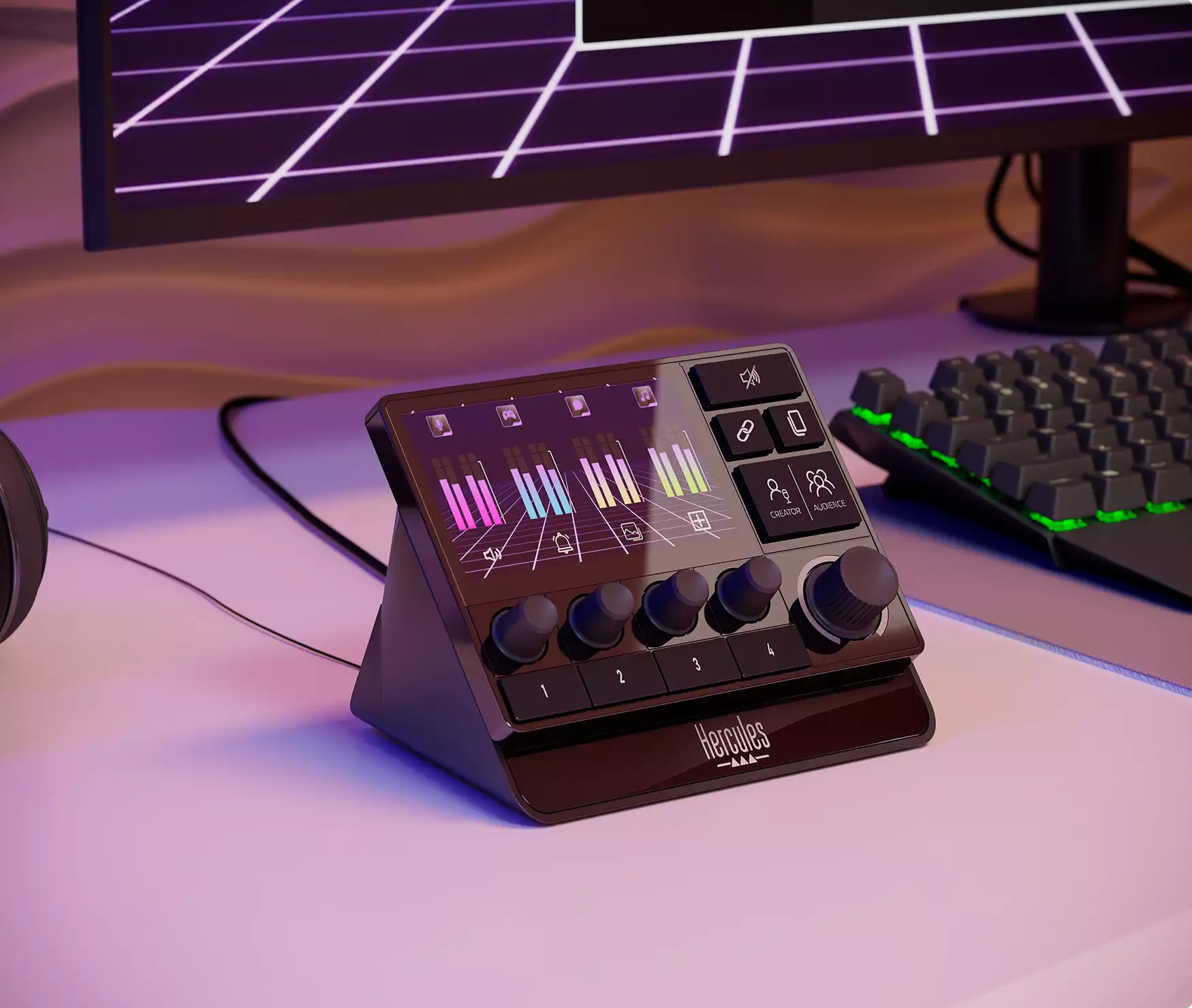 3D product rendering services for an audio control pad on a desk beside a monitor and keyboard