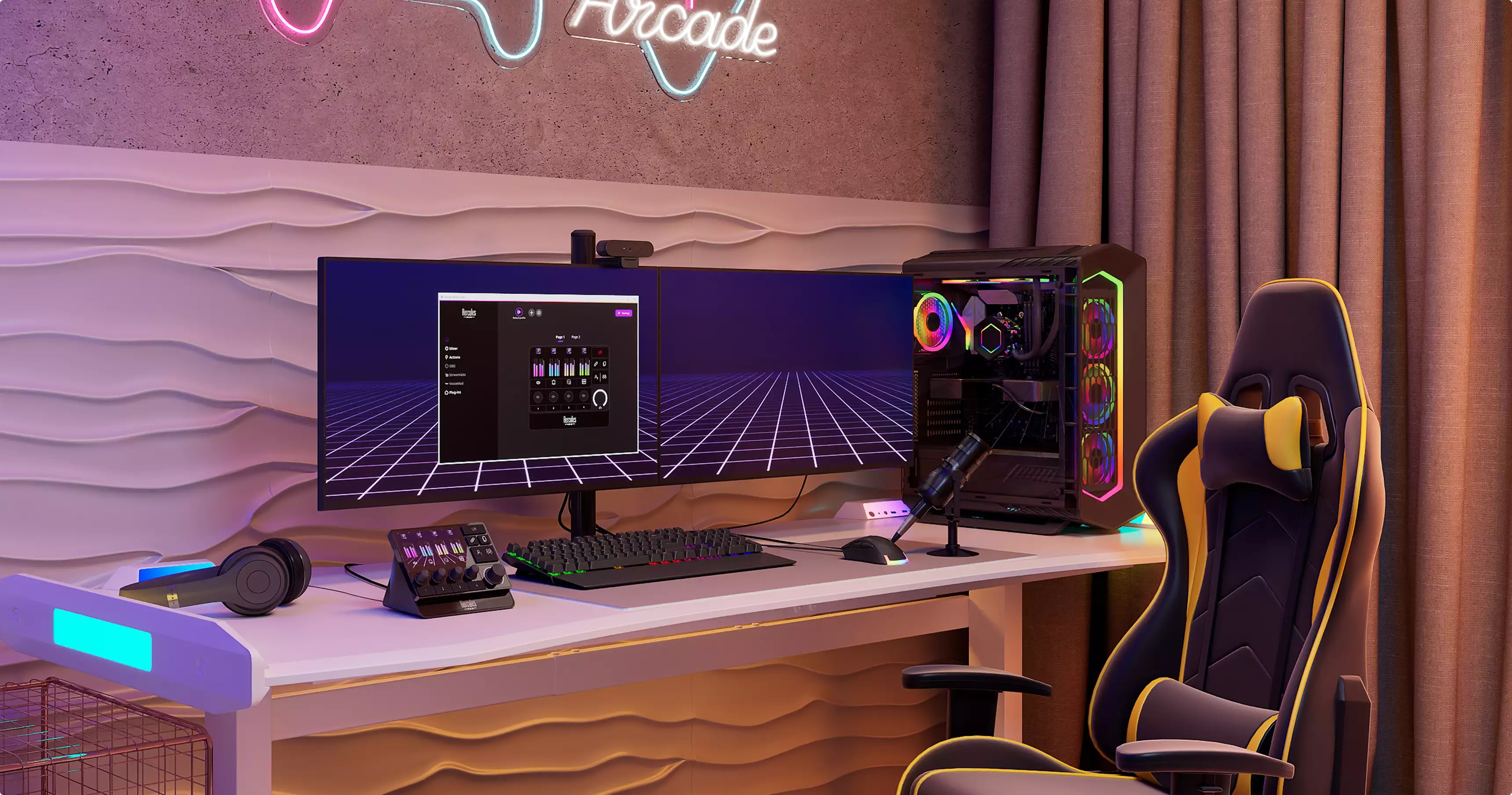 3D product rendering services for a gaming desk setup with dual monitors, RGB PC tower, and racing chair