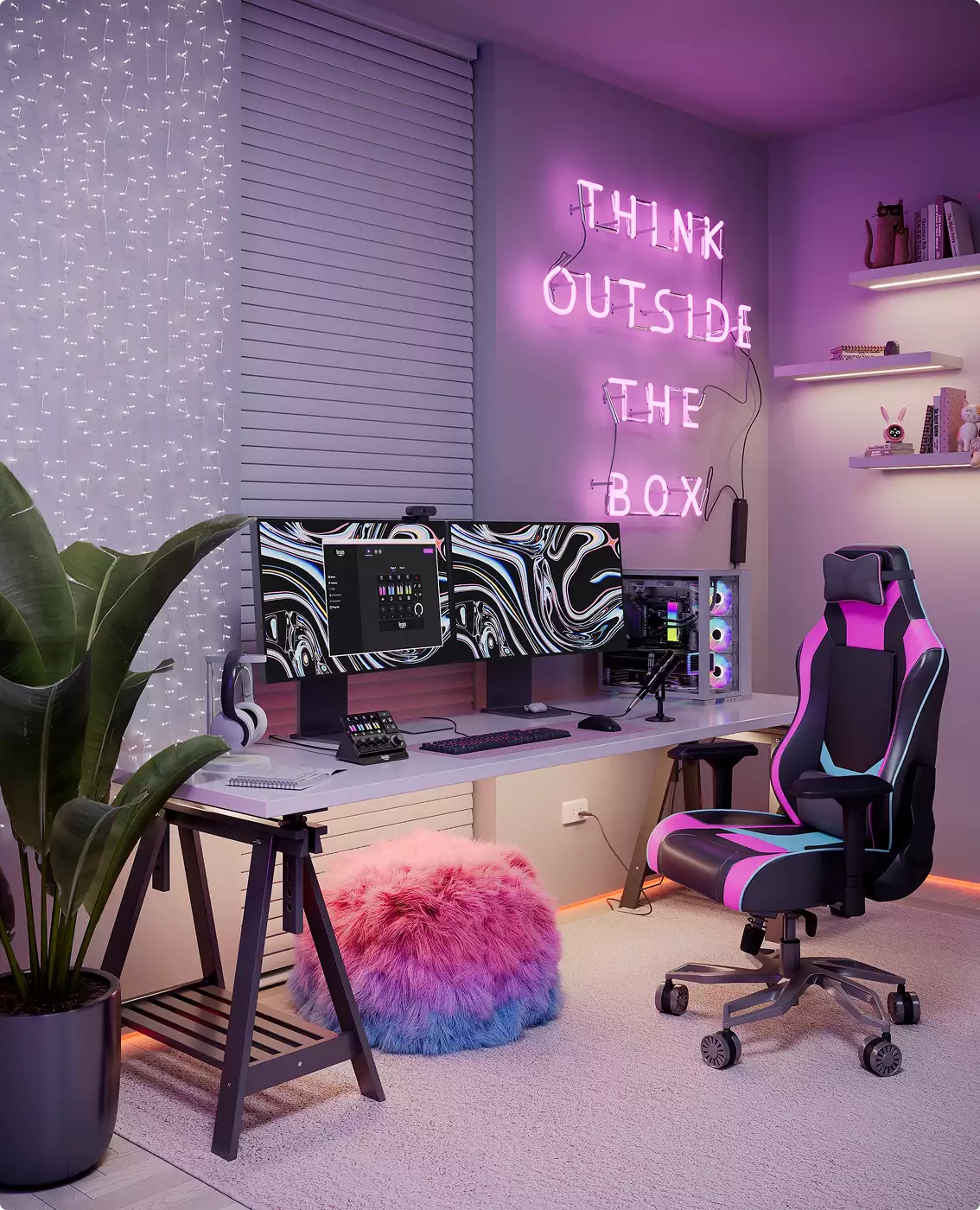 3D product rendering services for a gaming room with dual monitors, RGB PC, pink neon sign, and chair