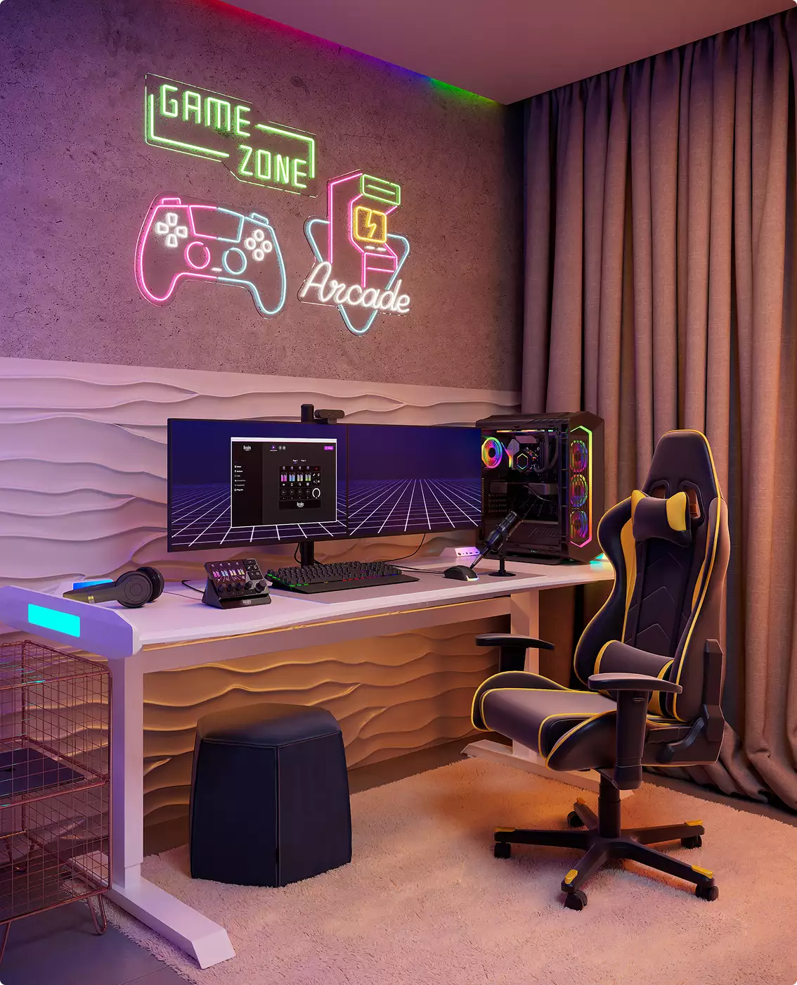 3D product rendering services for a gaming setup with dual monitors, RGB PC tower, neon wall signs, and chair