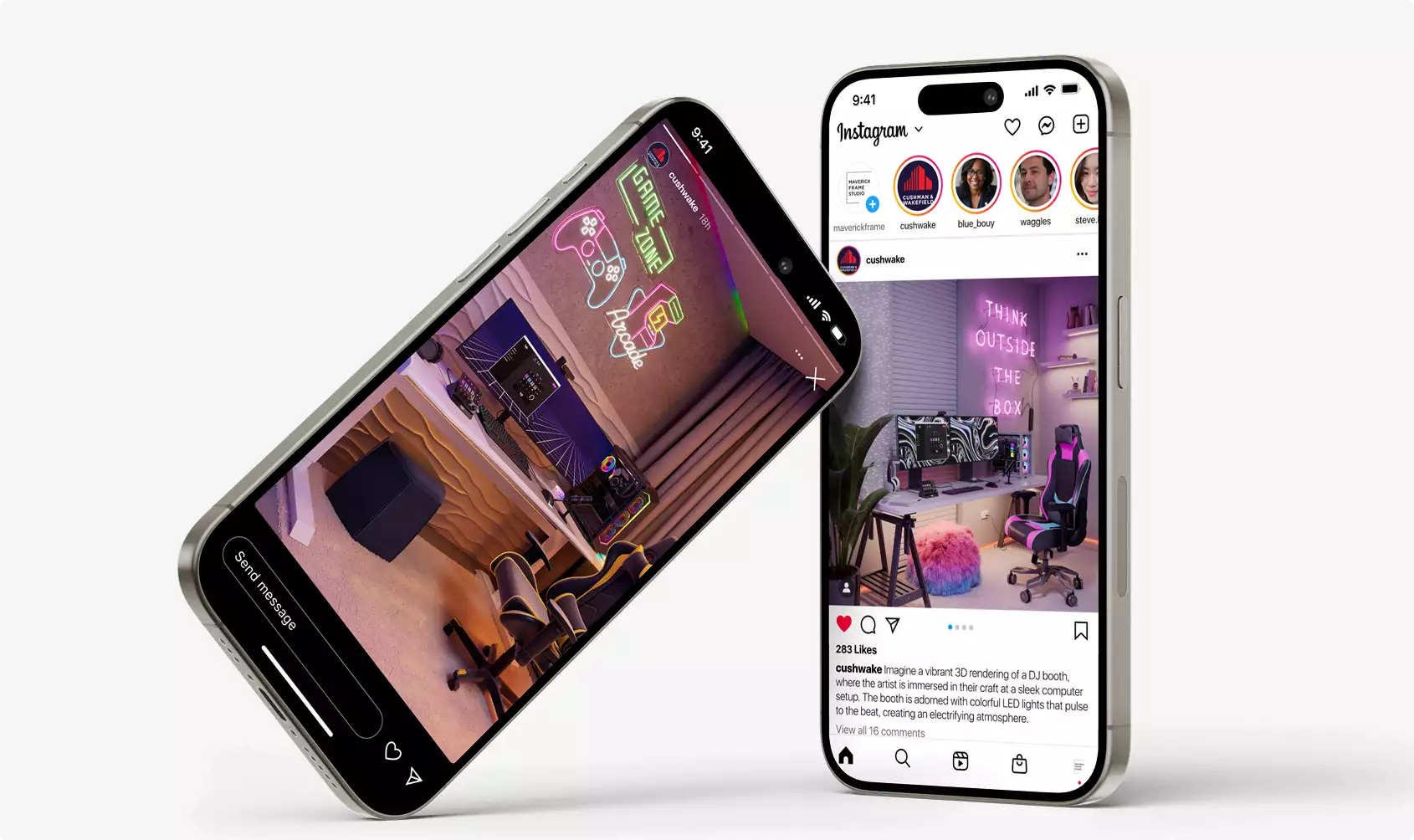 3D product rendering services shown on two smartphones displaying social media posts on a white background