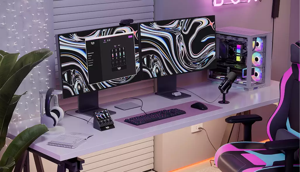 3D product rendering services for a white gaming desk with dual monitors, RGB PC, mic, and neon chair