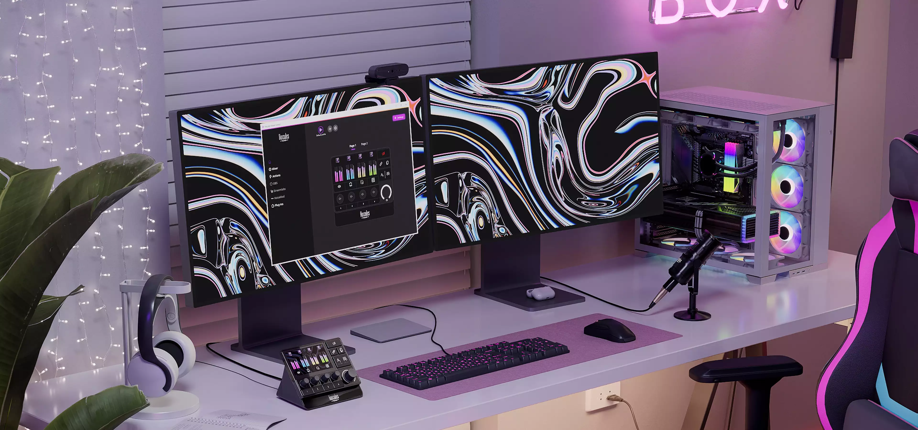 3D product rendering of a white gaming desk with dual monitors, RGB PC, mic, and pink accent chair