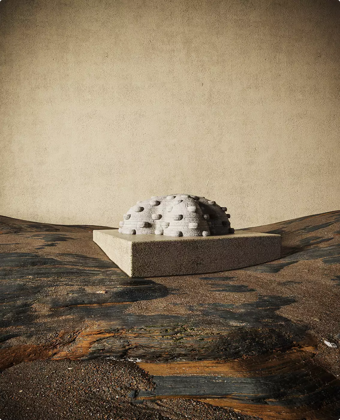 Abstract dome object on square pedestal in rocky terrain against textured wall, concept scene for 3D product renderings