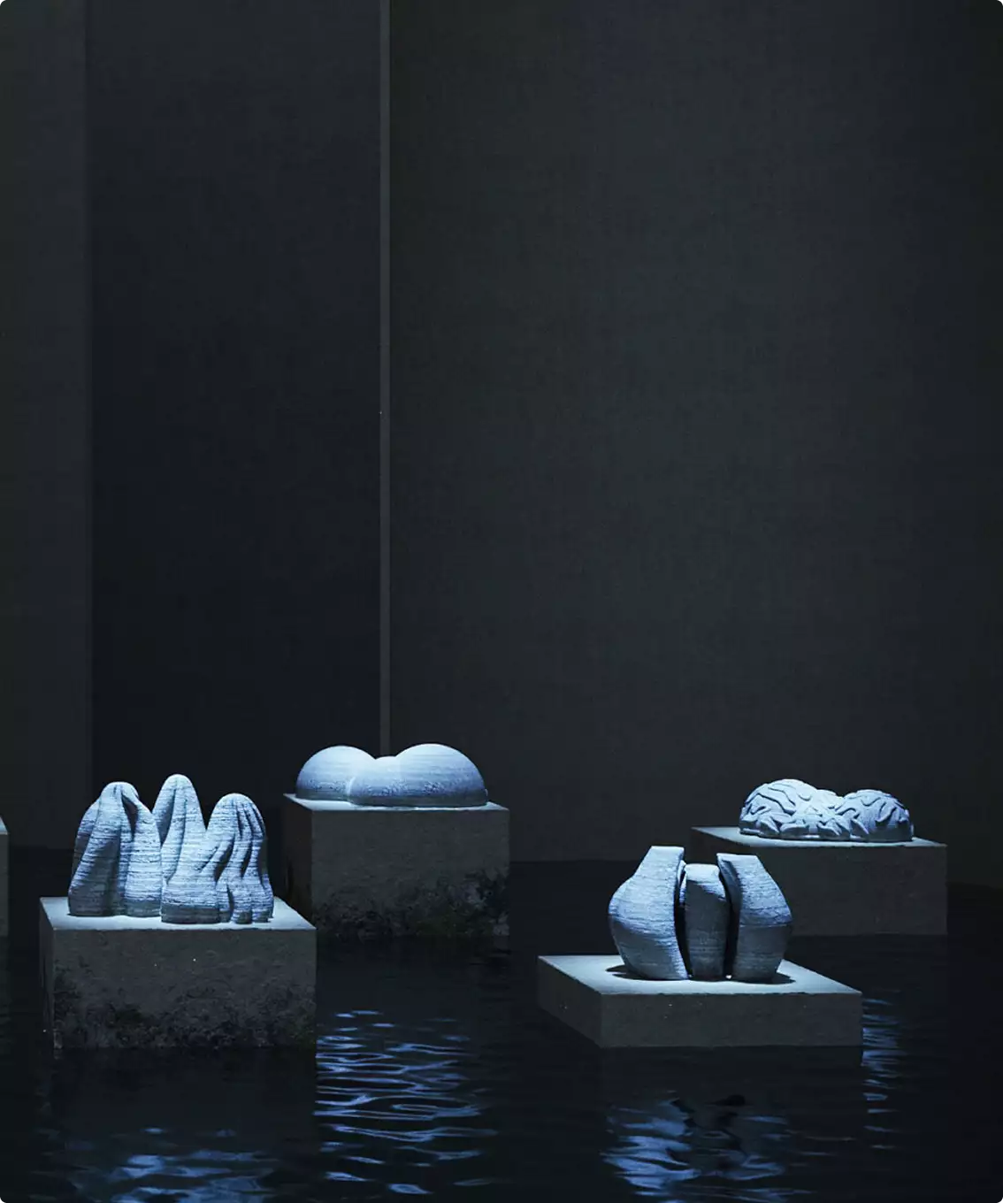 Abstract sculptural forms on square pedestals in dark water with wall backdrop, scene for 3D product renderings