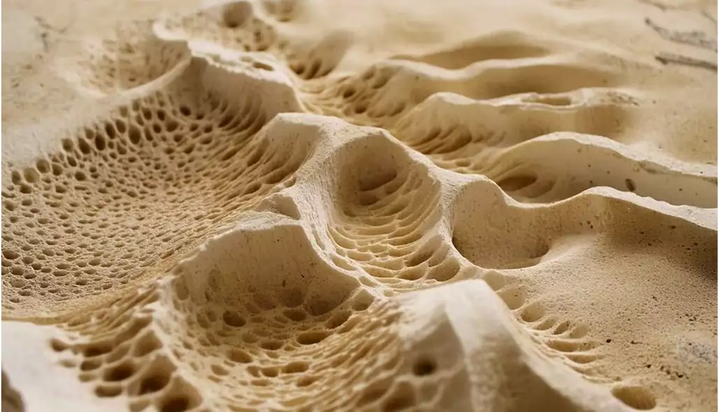 Close view of porous organic surface with layered holes and ridges resembling coral texture, concept for 3D product renderings