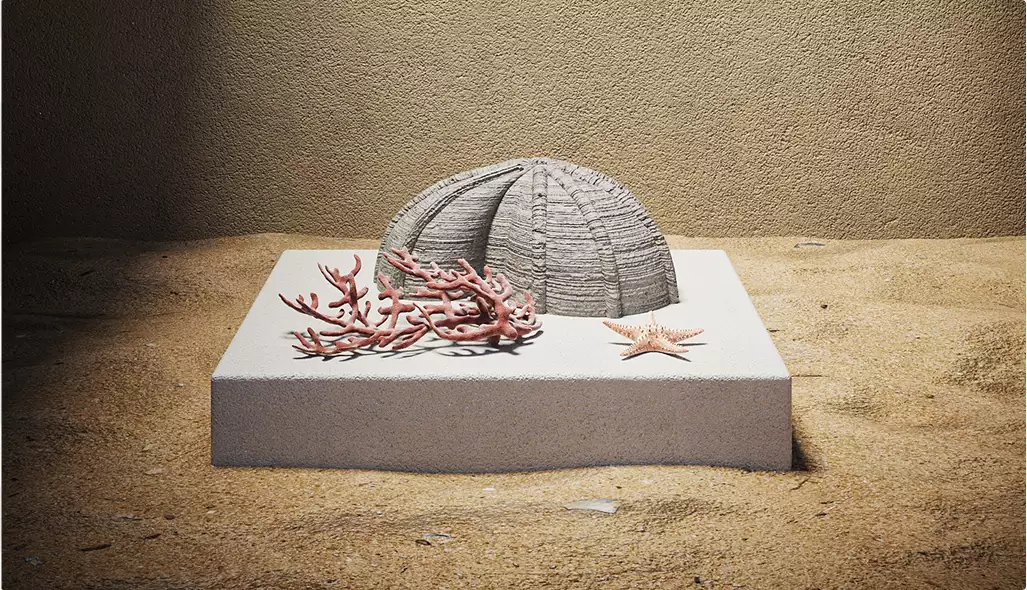 Ridged dome stone sculpture on square pedestal with coral branch and starfish on sand, concept for 3D product renderings