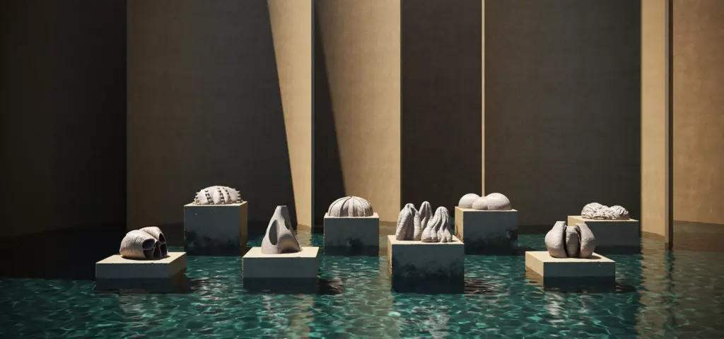 Abstract stone sculptures on square pedestals in shallow water courtyard with tall walls, display for 3D product renderings