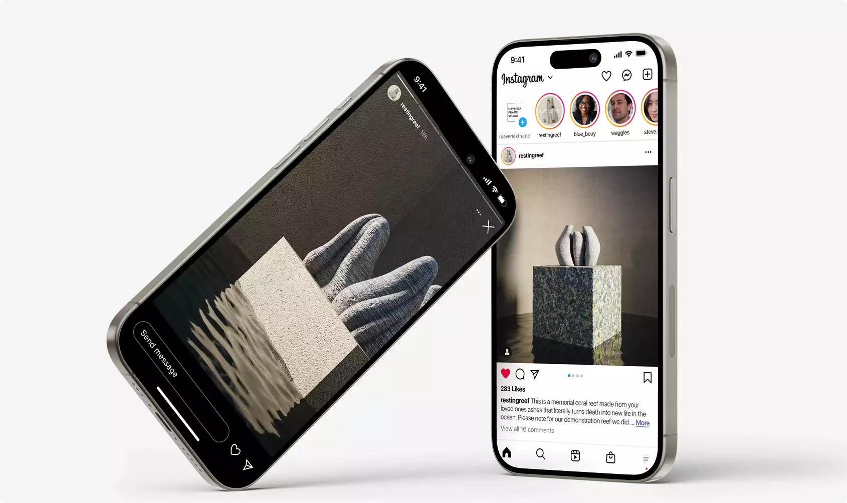 Two smartphones displaying abstract sculpture scenes on screens against plain background, mockup for 3D product renderings