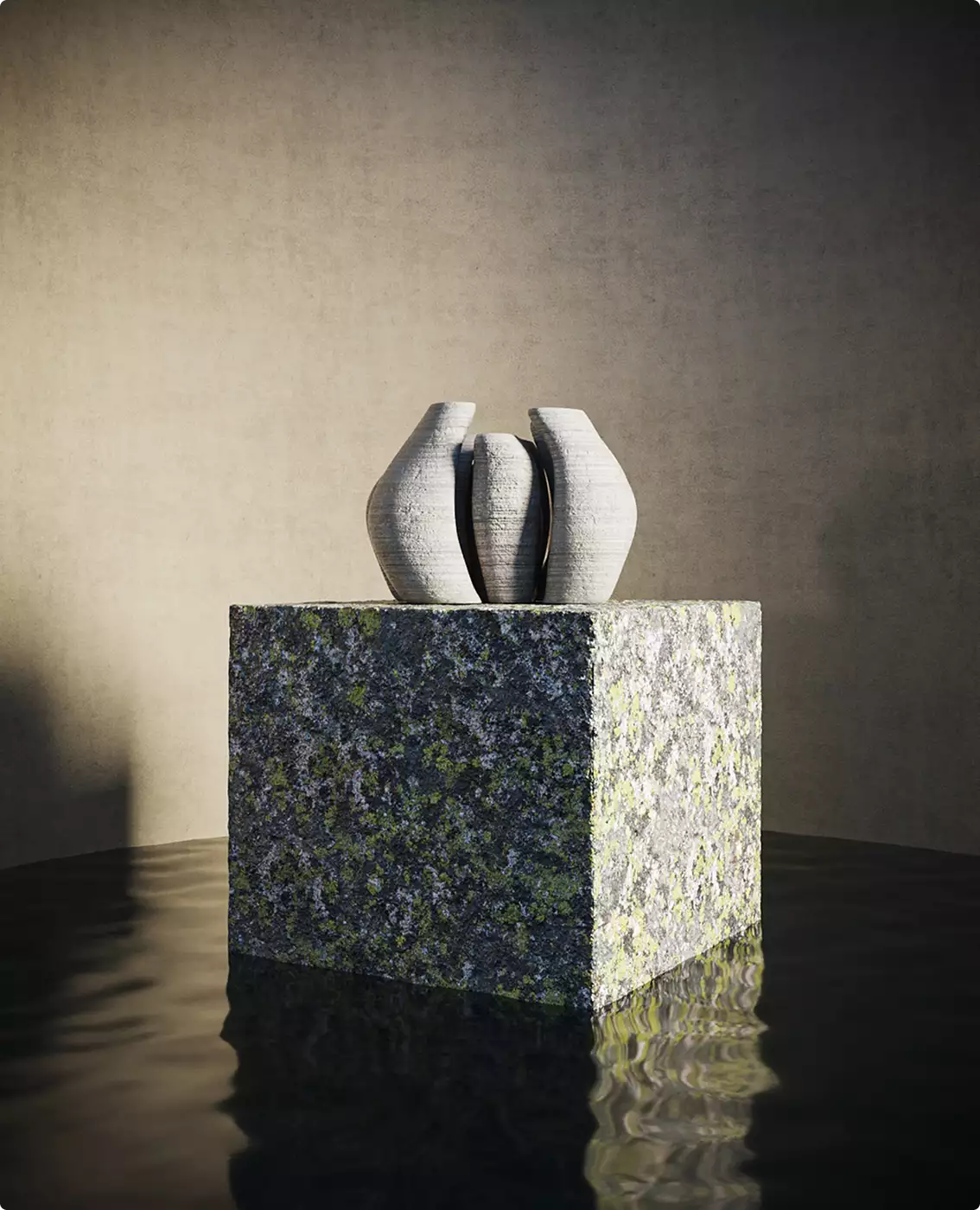 Abstract split stone sculpture on moss covered cube pedestal in water against wall, concept for 3D product renderings