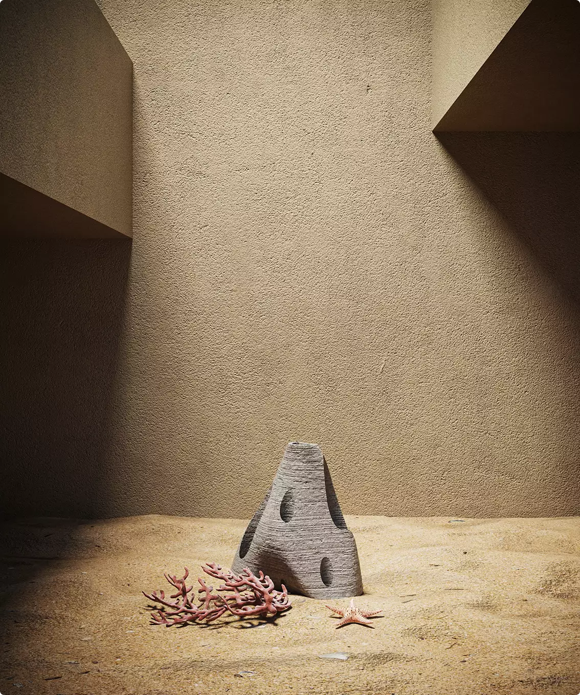 Stone cone object with holes on sandy ground beside coral and starfish against wall, concept scene for 3D product renderings