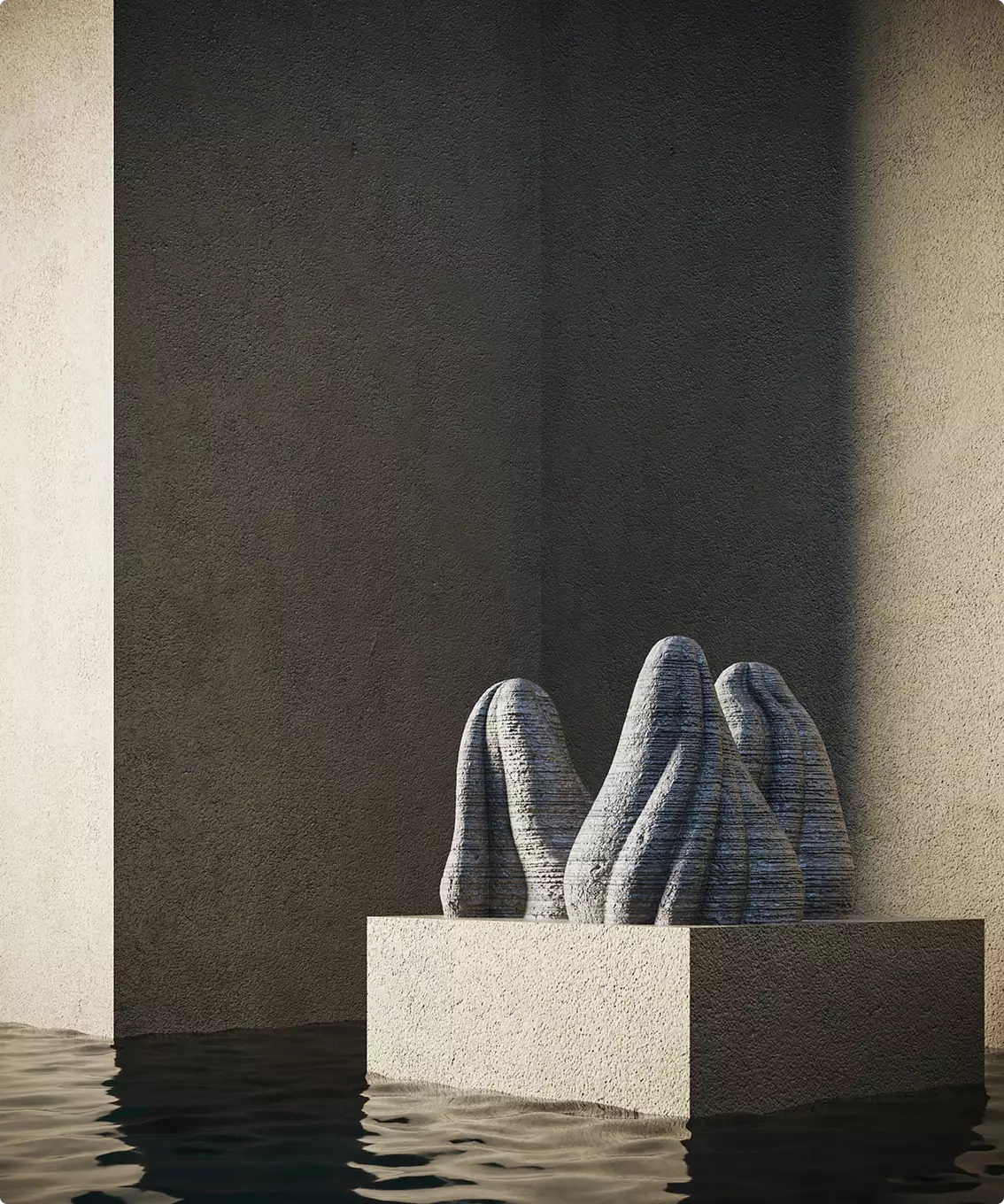 Abstract stone mound sculptures on square pedestal in shallow water against textured wall, concept for 3D product renderings