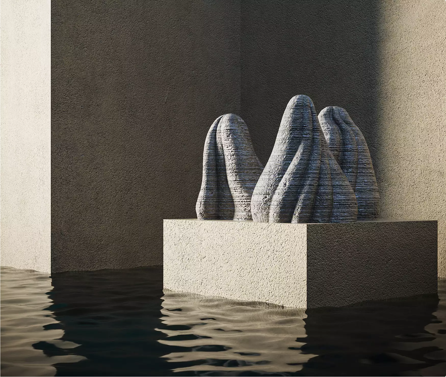 Abstract stone mound sculptures on square pedestal in shallow water against textured wall, concept for 3D product renderings