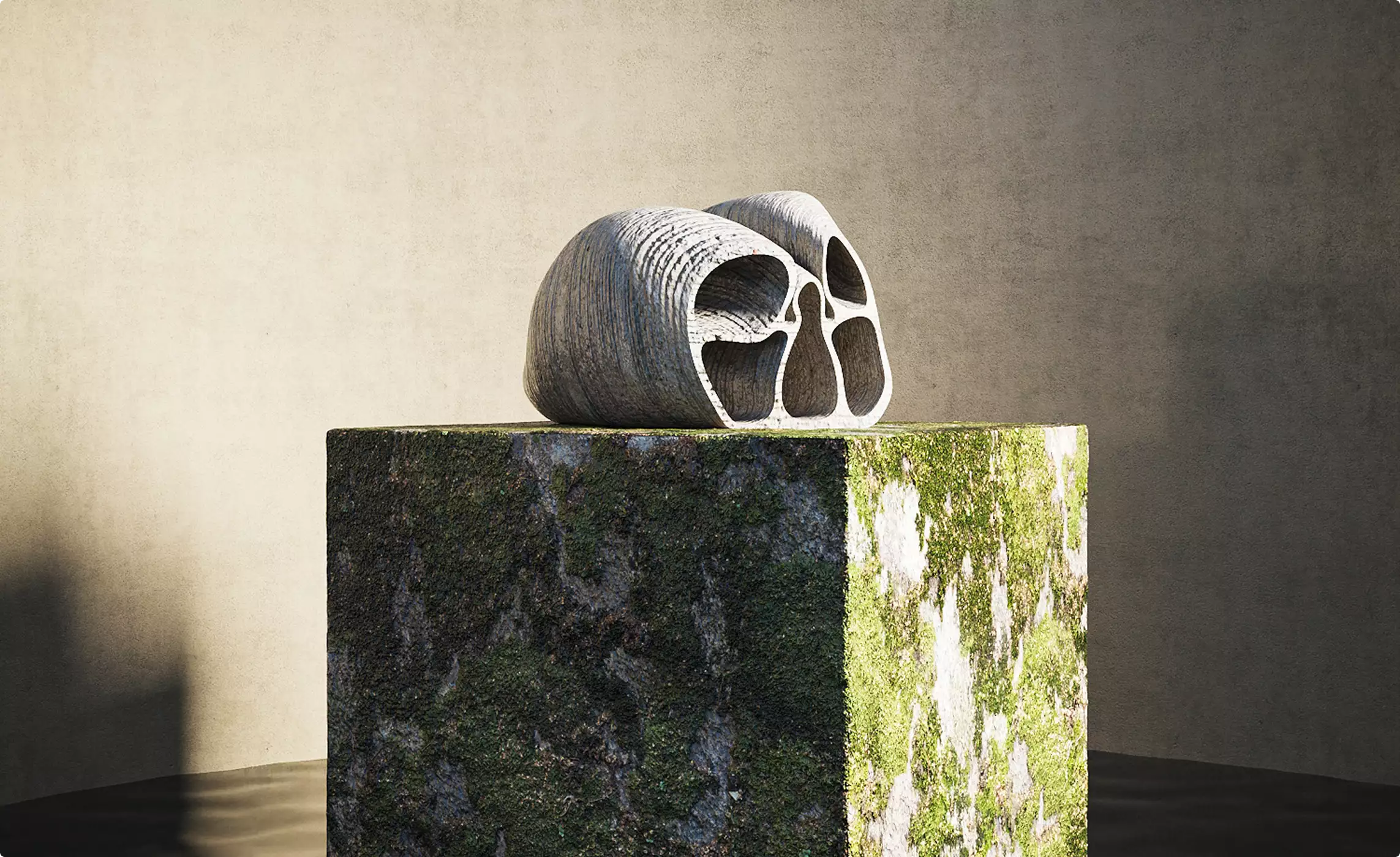 Hollow stone skull sculpture on moss covered cube pedestal against textured wall, concept scene for 3D product renderings