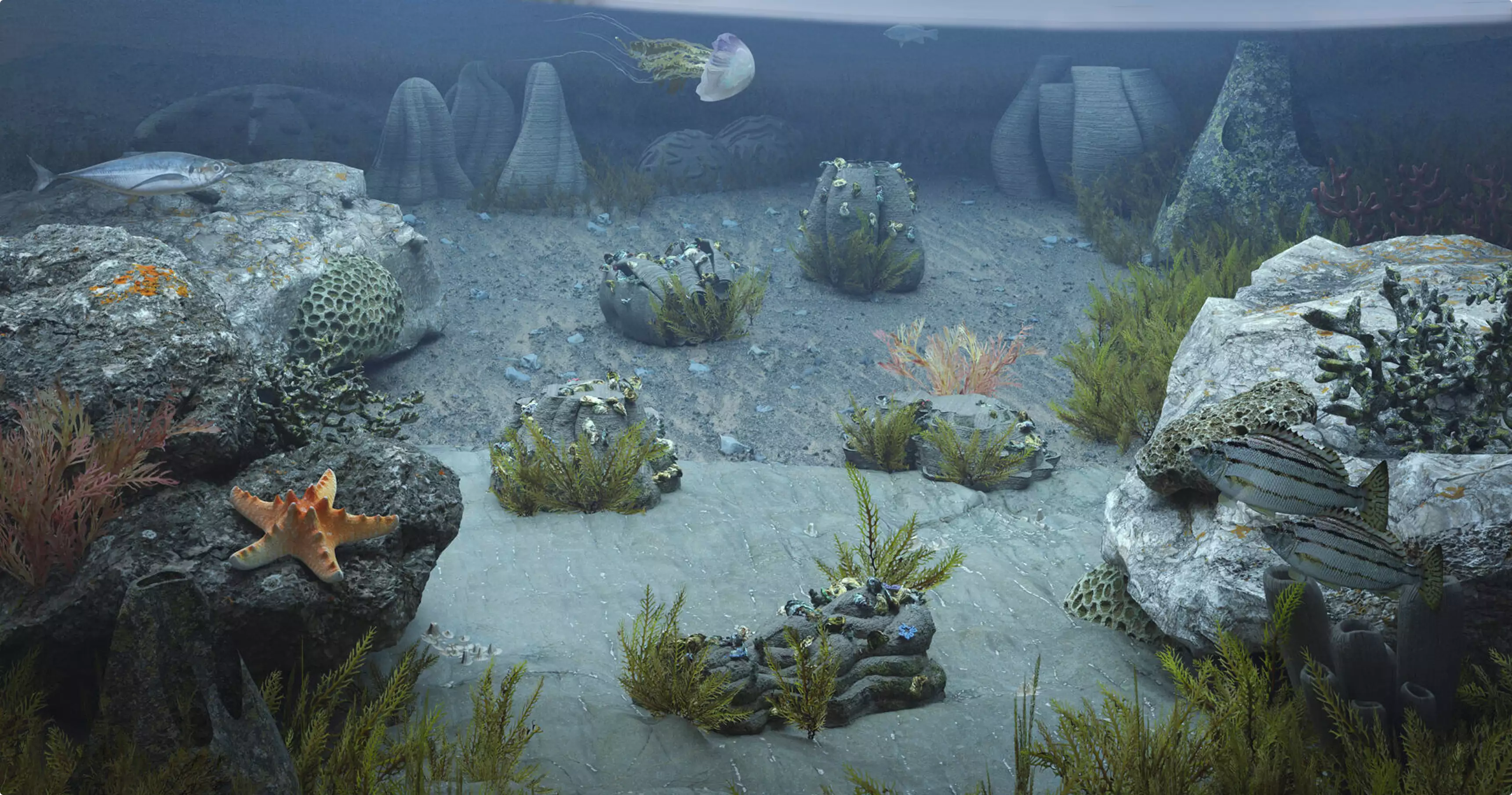 Underwater reef scene with fish, jellyfish, coral, and sculptural reef forms on seabed, concept for 3D product renderings