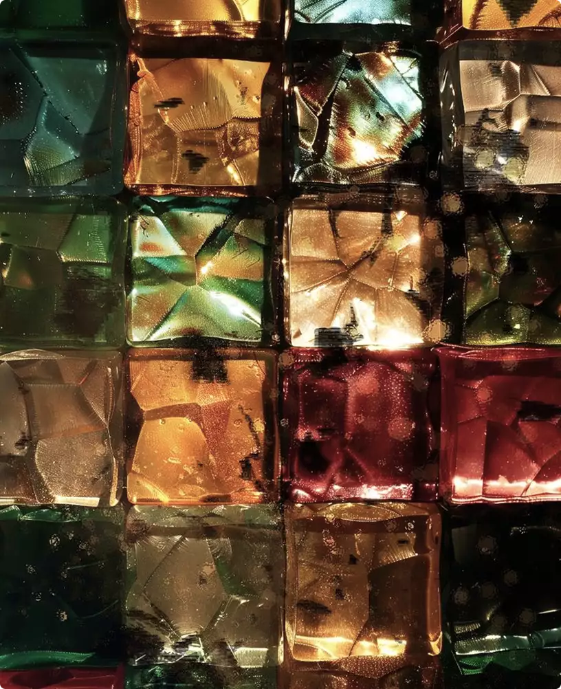 Close view of colored glass mosaic tiles with light reflections and texture detail for 3D product visualization