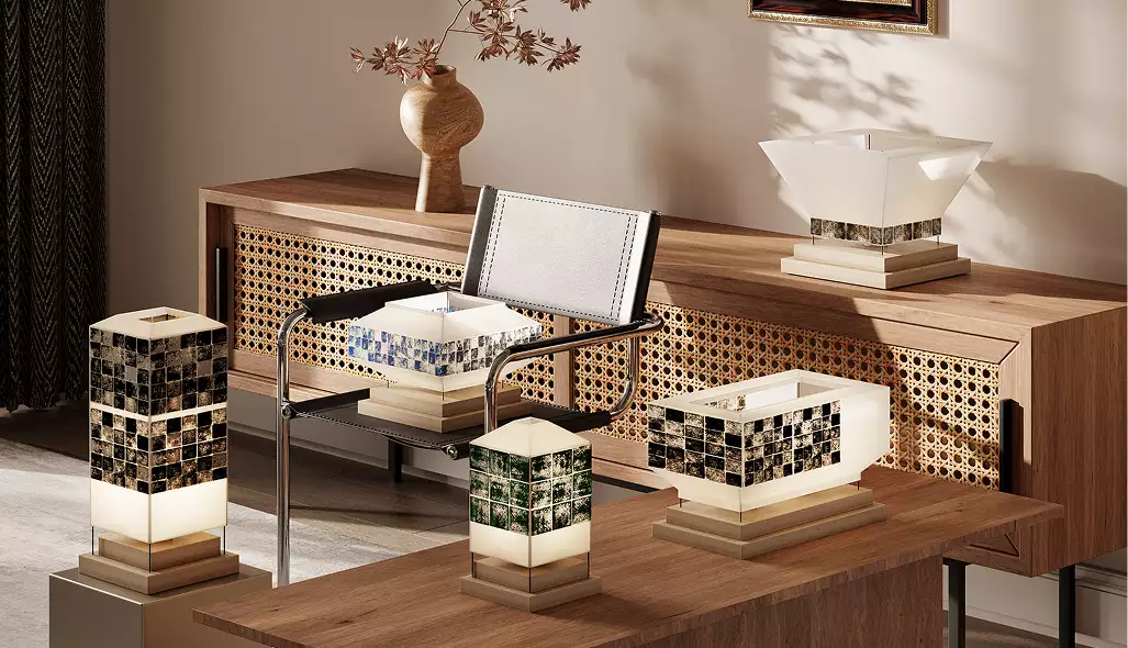 Five geometric tile band table lamps arranged on wooden table and cabinet in modern interior for 3D product visualization