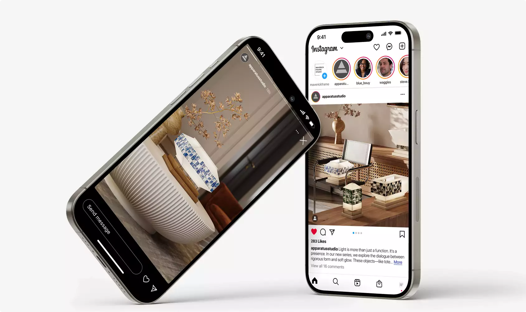 Two smartphones displaying interior lamp scenes on social media screens against neutral background for 3D product visualization