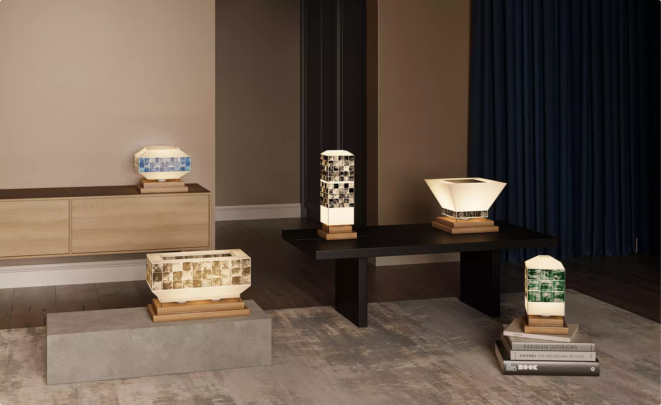 Five geometric tile band table lamps displayed on tables and cabinet in modern interior for 3D product visualization