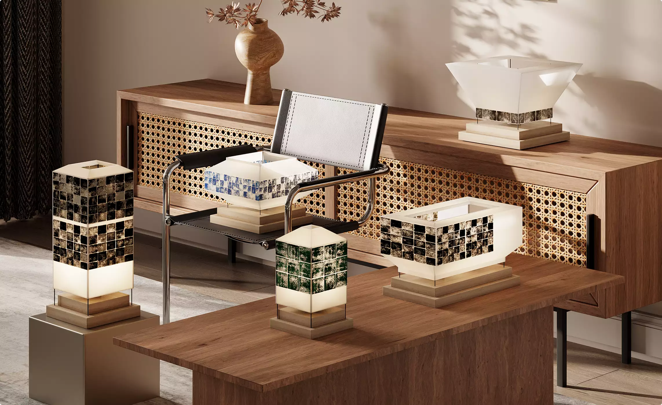 Five geometric tile band table lamps arranged on wooden tables and cabinet in modern interior for 3D product visualization