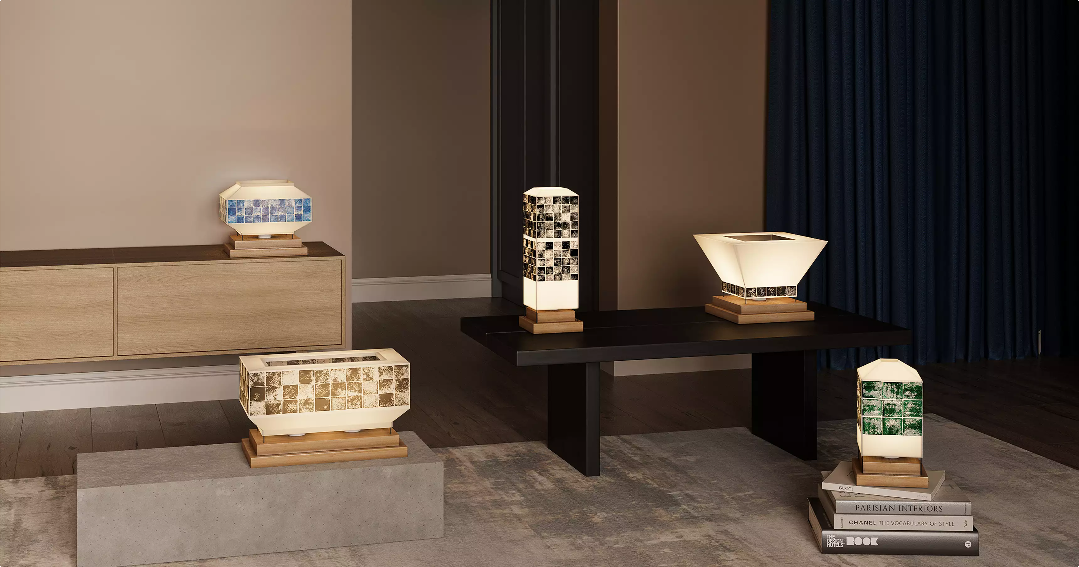 Five geometric tile band table lamps displayed on tables and cabinet in modern interior for 3D product visualization