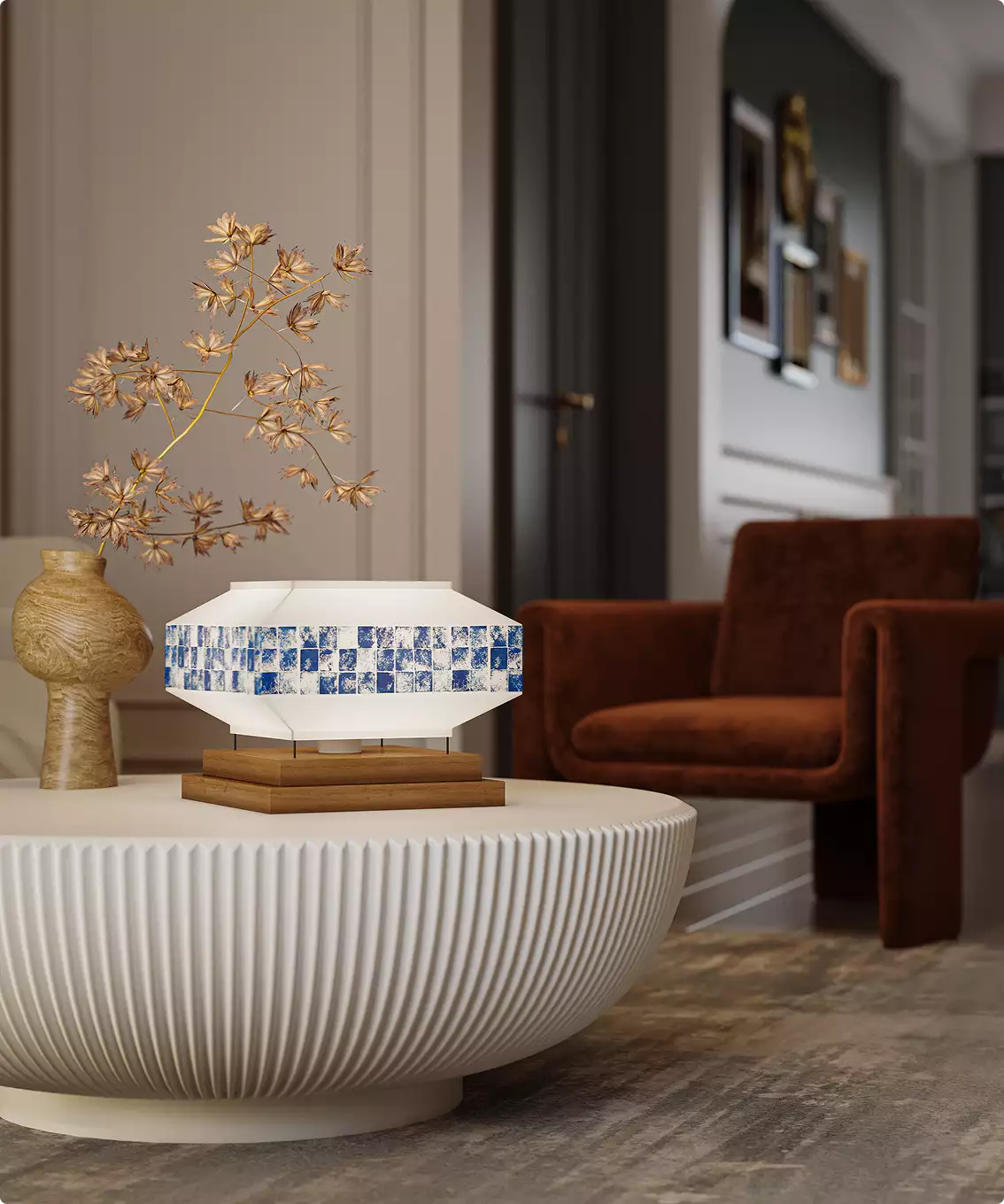 Geometric tile band table lamp on round coffee table beside vase in modern living room for 3D product visualization