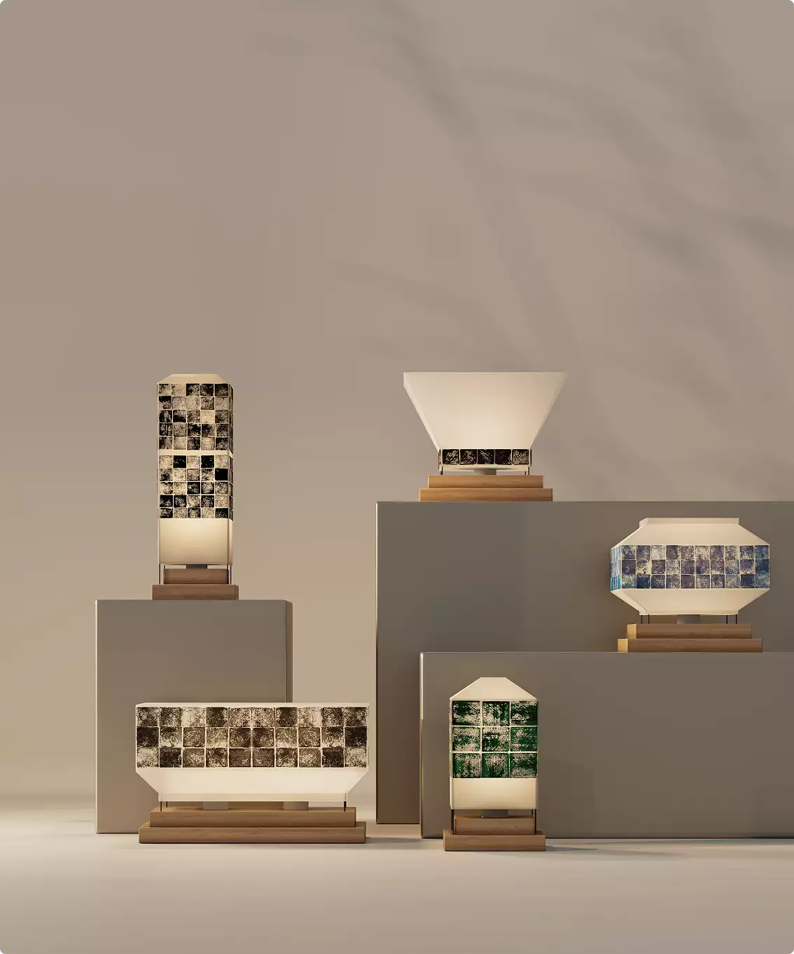 Five geometric tile band table lamps arranged on display pedestals against neutral background for 3D product visualization