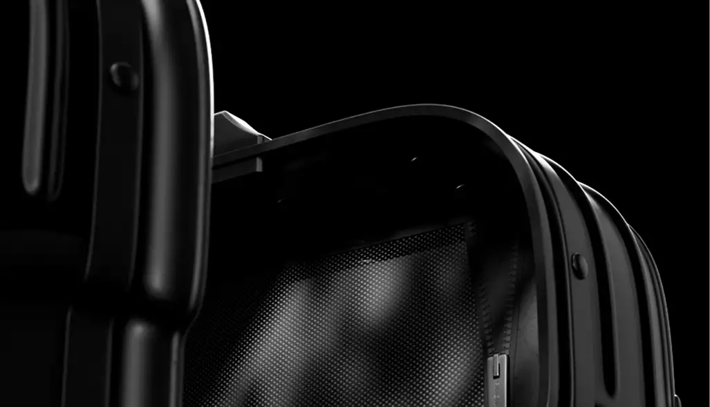 3D product visuals of an open black suitcase showing interior pocket detail on a dark background