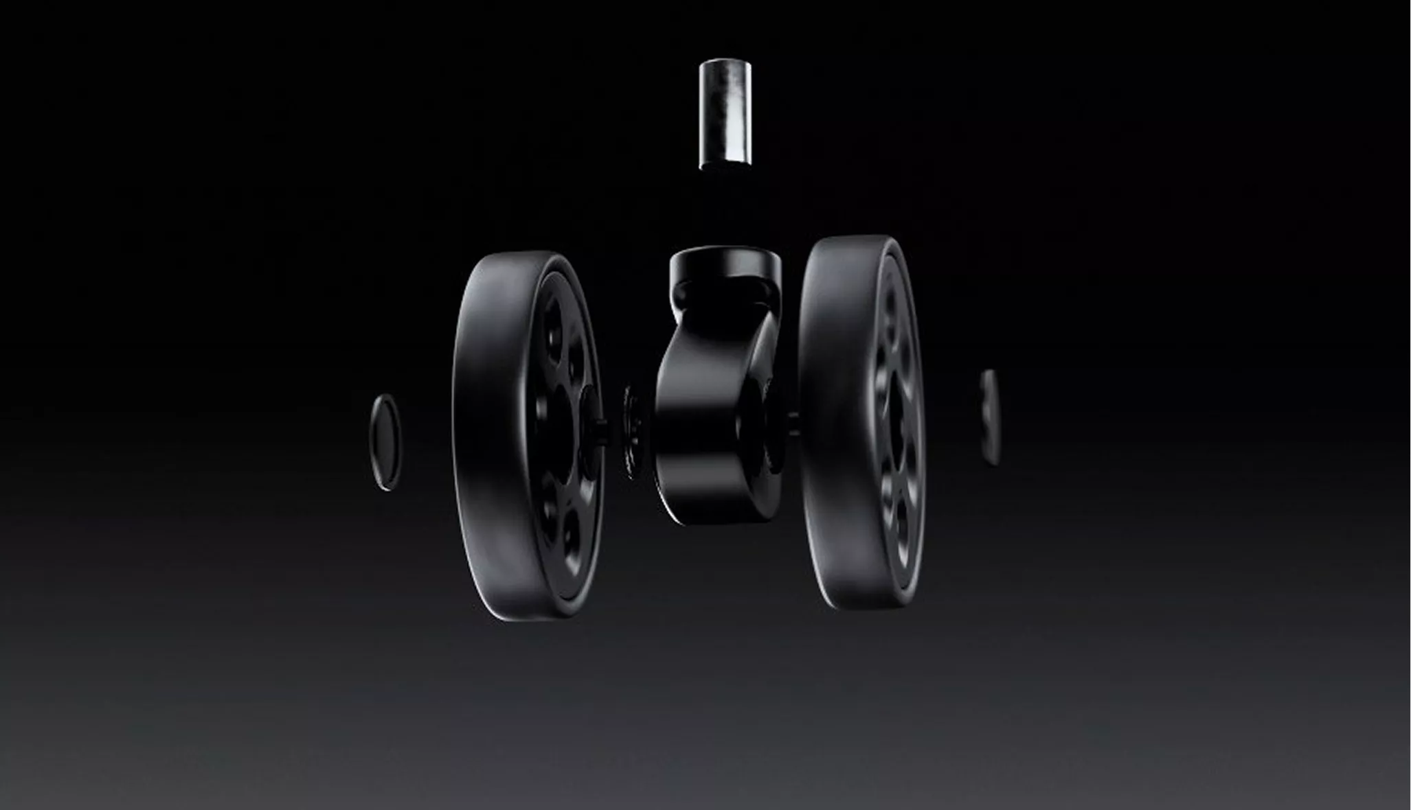 3D Product Visuals Suitcase showing exploded view of dual suitcase caster wheel assembly