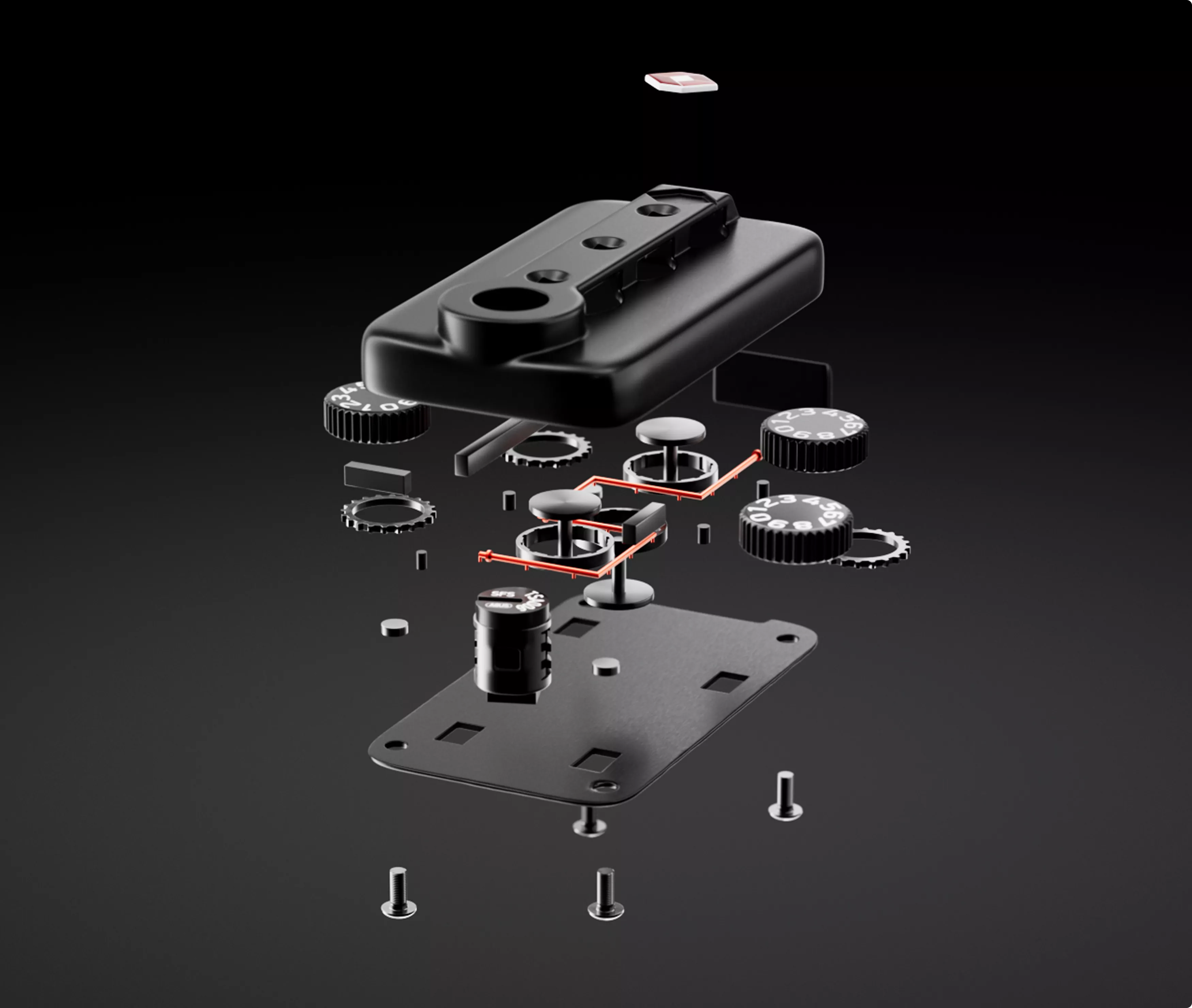 3D Product Visuals Suitcase showing exploded view of electronic lock and internal components