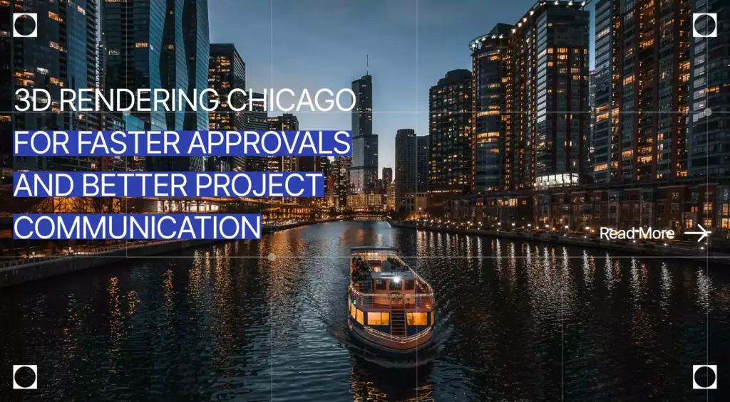 3D rendering Chicago cover showing illuminated riverfront towers, a boat on the water, and downtown skyline at night