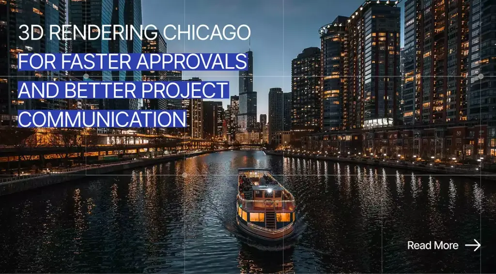 Chicago river at night with skyline and boat, 3D Rendering Chicago Cover with Night River Skyline