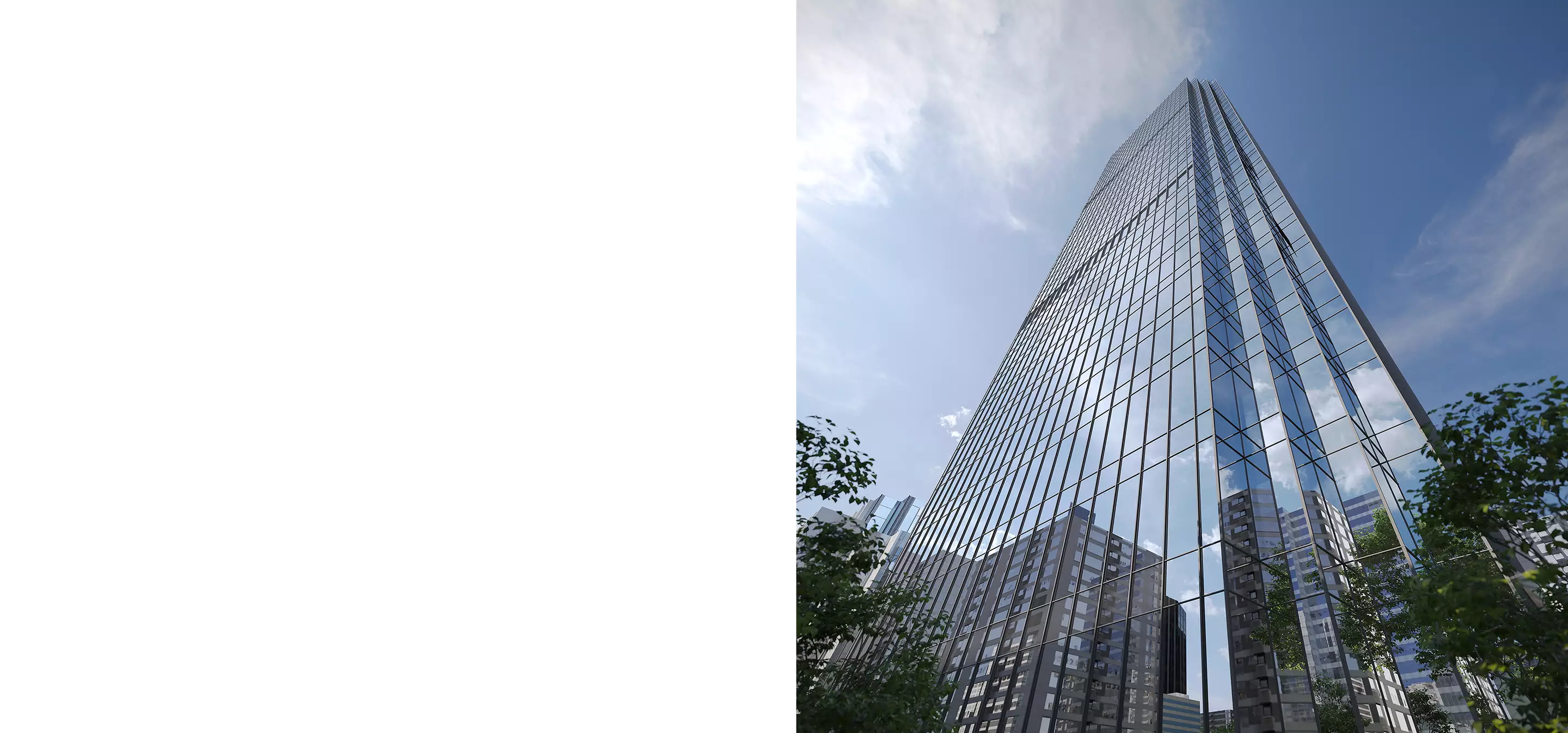 Glass skyscraper reflecting city buildings and sky, 3D Rendering in New York Architectural Visualization for Real Estate and Urban Development