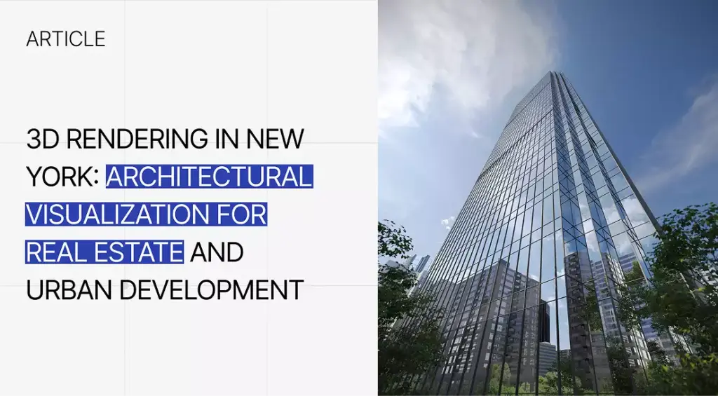 Glass skyscraper viewed from below in city, 3D Rendering in New York Architectural Visualization for Real Estate and Urban Development