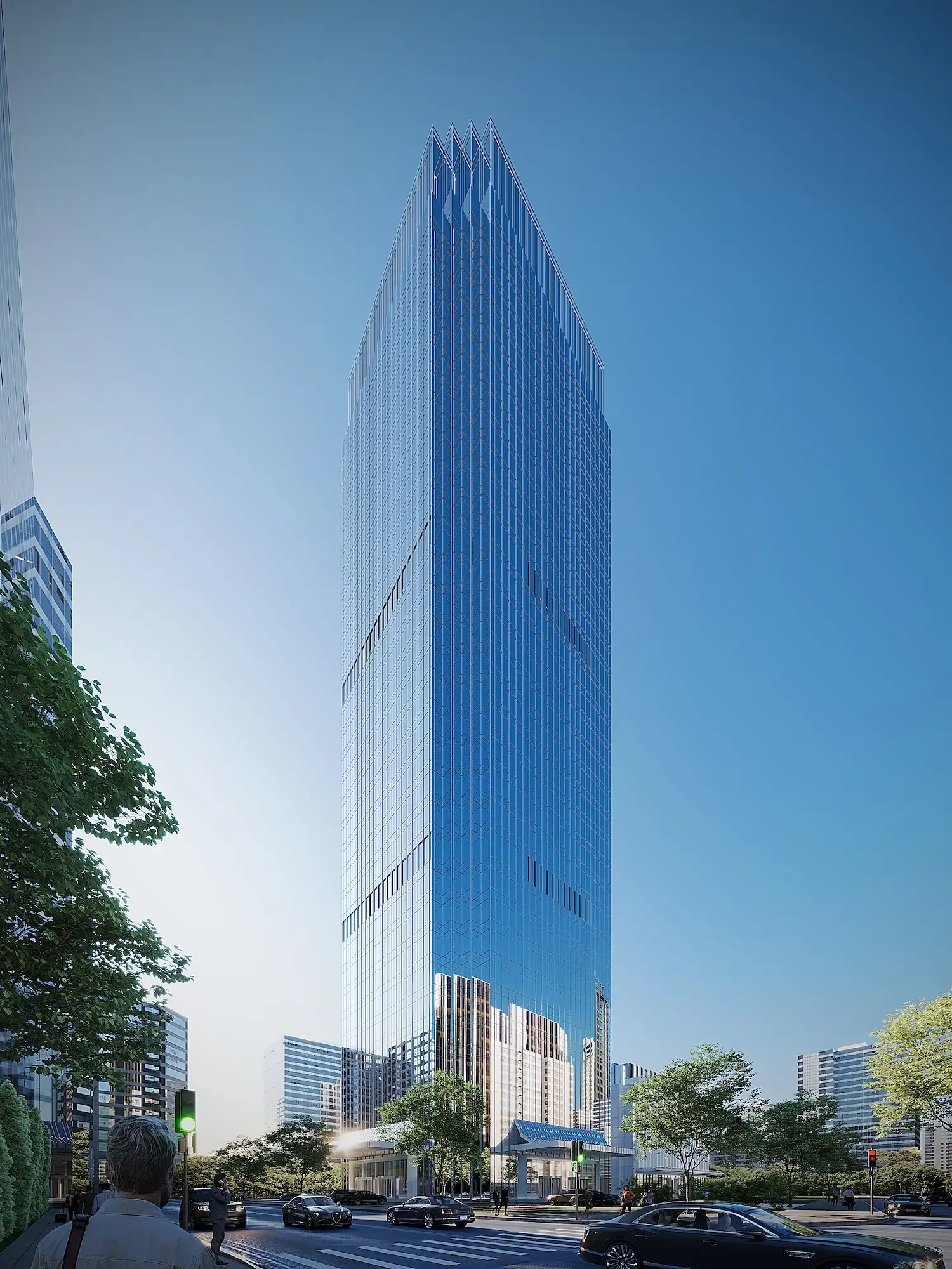 New York 3D architectural rendering of a tall glass office tower in a modern city environment
