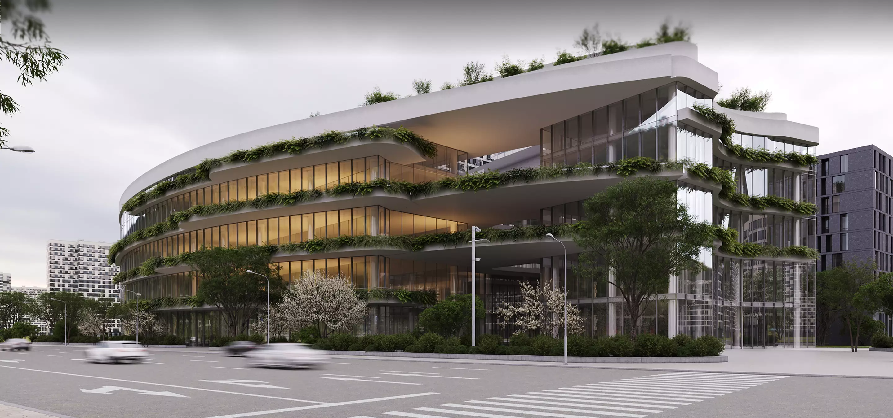 Curved modern office building with glass facade and green terraces, 3D Rendering in San Francisco Architectural Visualization Services for Modern Development