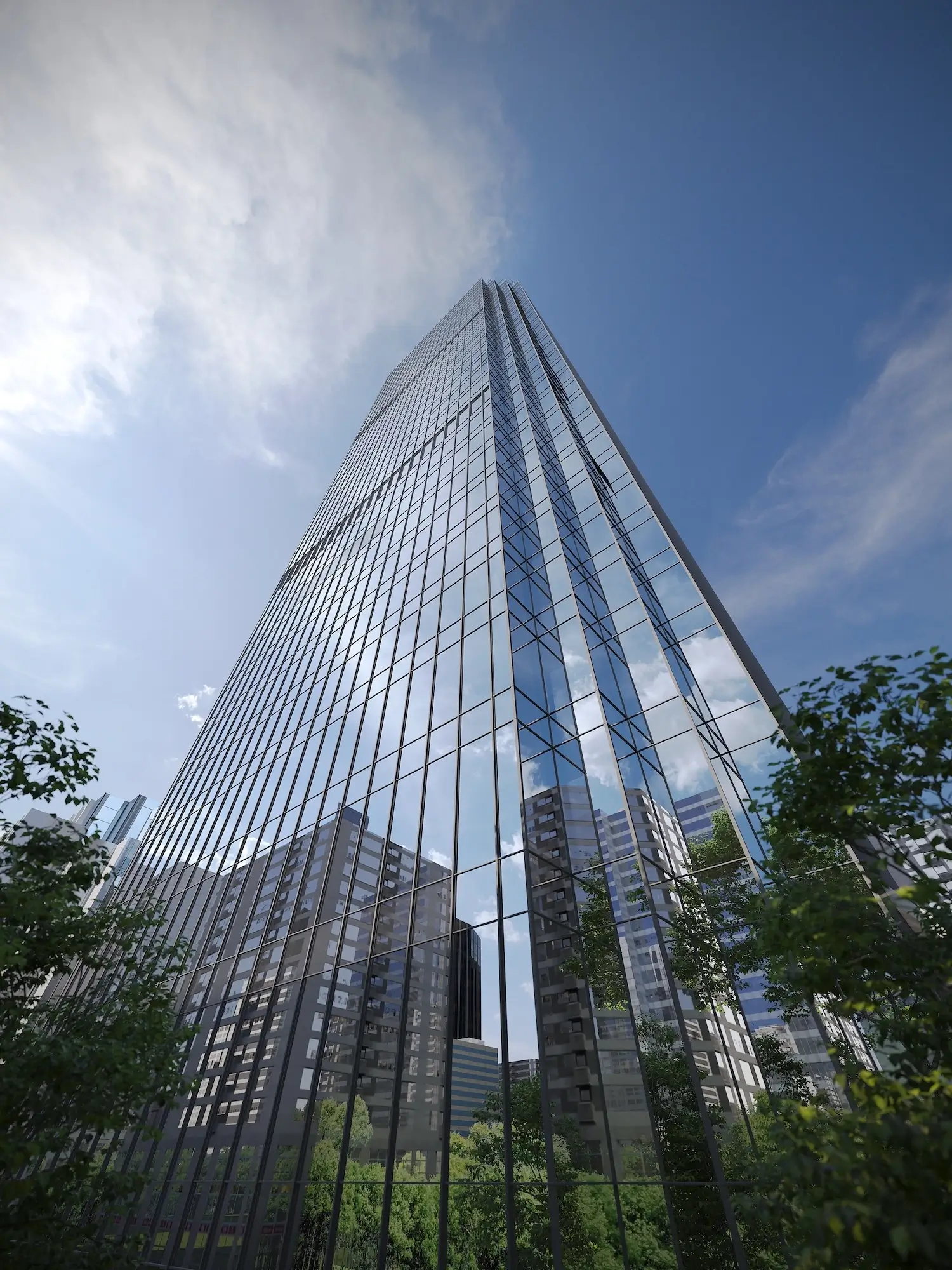 3D rendering NYC image of a glass tower viewed from street level in a dense urban setting