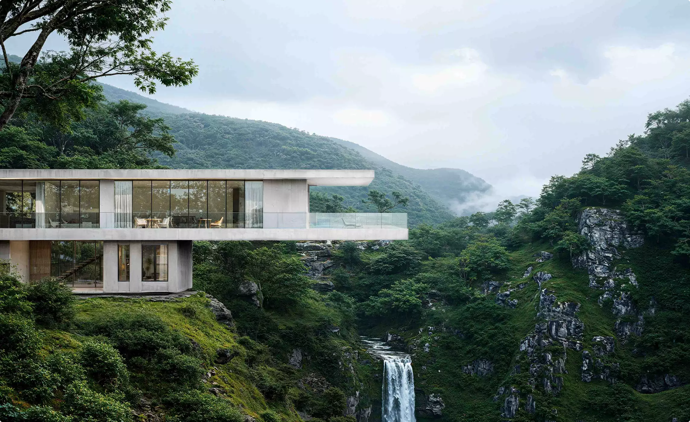 3D rendering of a house on a forest cliff with glass walls overlooking a waterfall and green valley